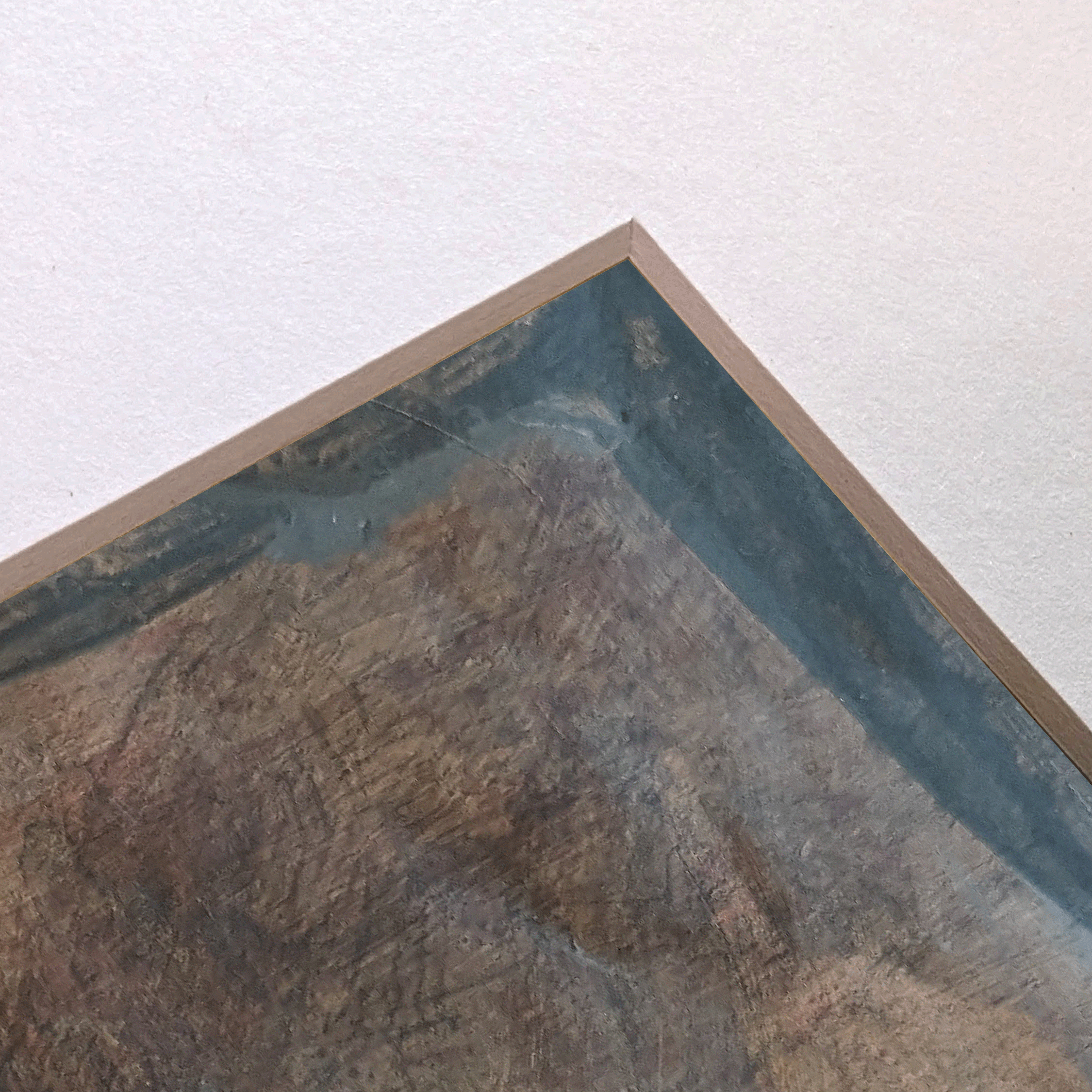 Angled view of Trace No. 04 showing paper texture, mat edge, and weathered acrylic surface