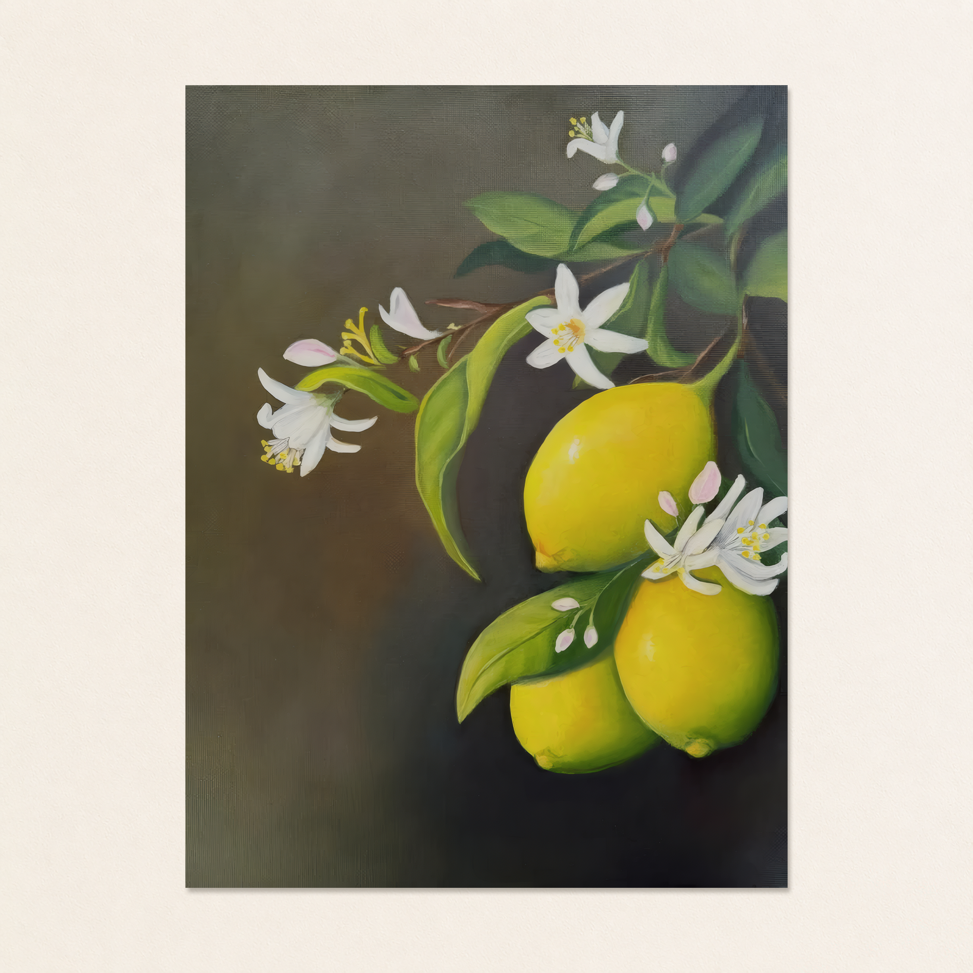 Lemon Branch Still Life Painting original oil painting by Tricia Sauls, featuring yellow lemons, white blossoms, and green leaves on canvas