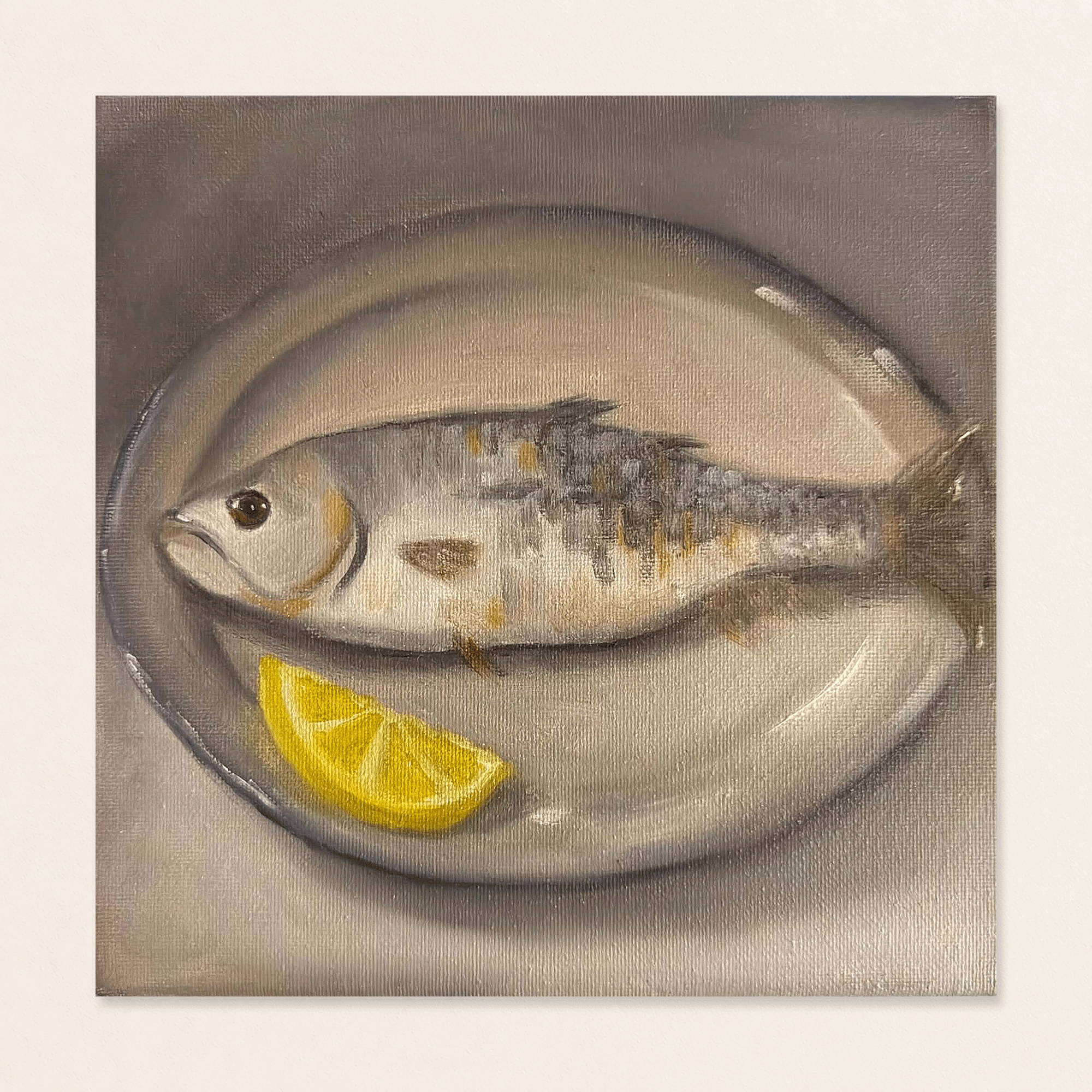 Fish on Plate Still Life Painting by Tricia Sauls shown framed in a room mockup for scale and styling reference