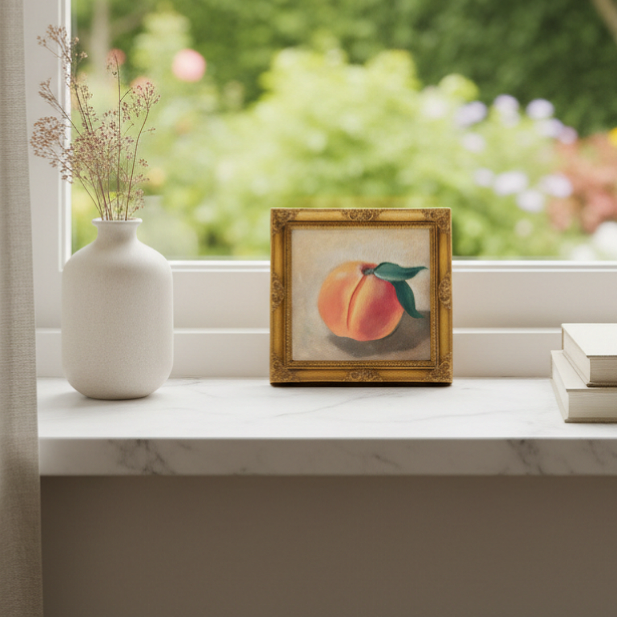 Peach Mini Still Life Painting original 4 x 4 oil painting by Tricia Sauls shown unframed on canvas