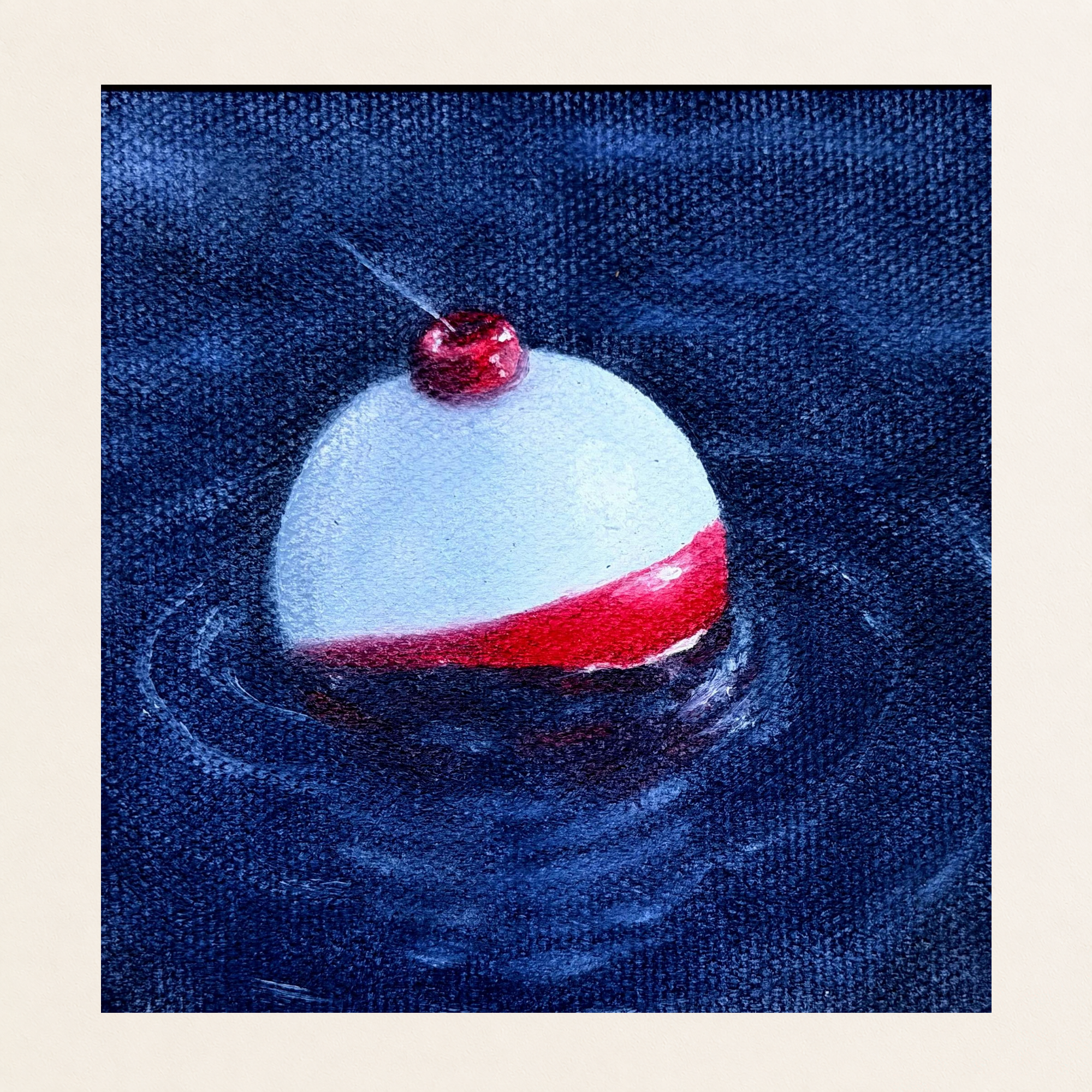 Original 4 x 4 inch oil painting of a red and white fishing bobber floating against a deep navy blue background with soft circular water movement on canvas board.