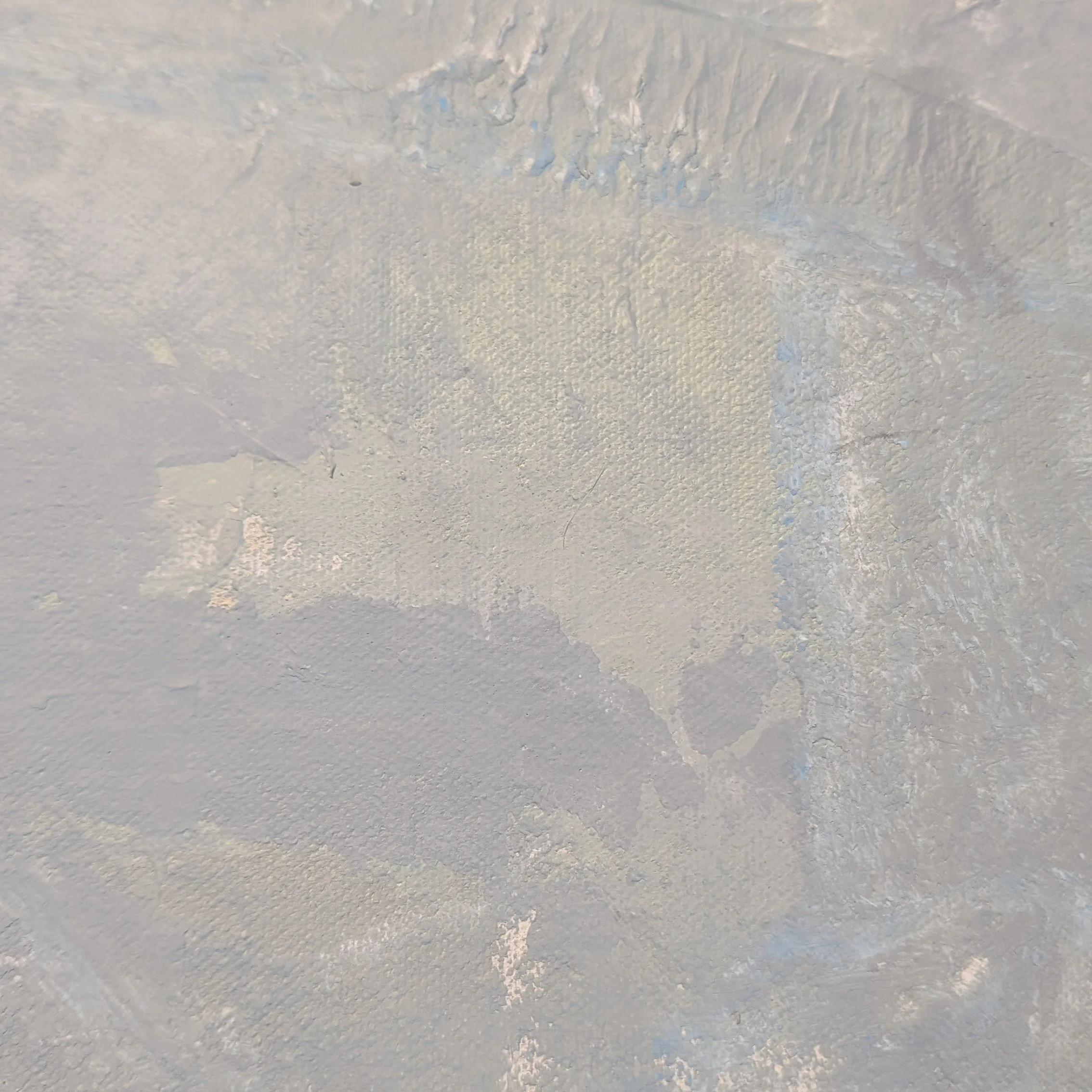 Close-up of textured acrylic paint with gray-blue, sand, warm white, charcoal marks, scraped texture, and layered canvas surface.