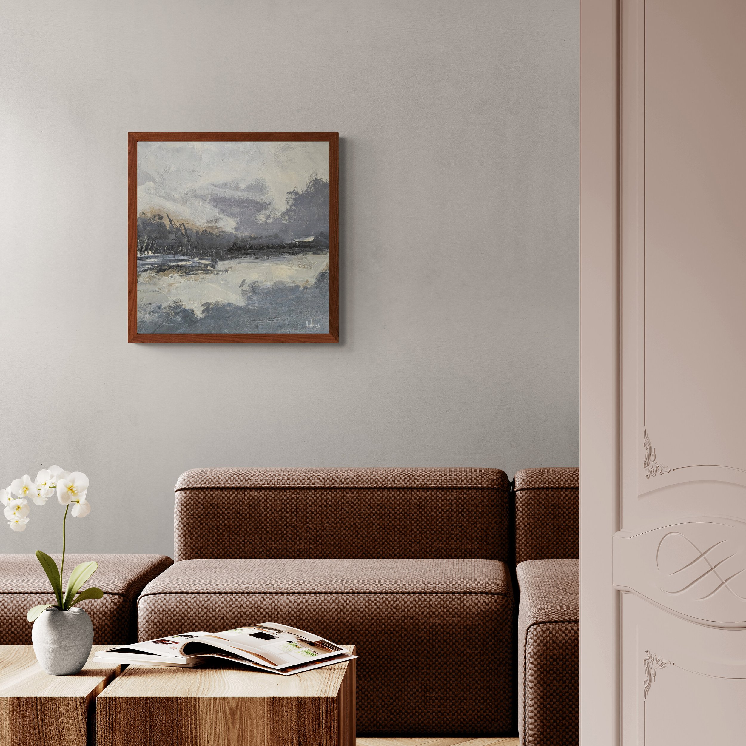 Square abstract landscape painting displayed in a calm modern interior with storm gray, charcoal, sand, warm white, and muted blue-gray tones.