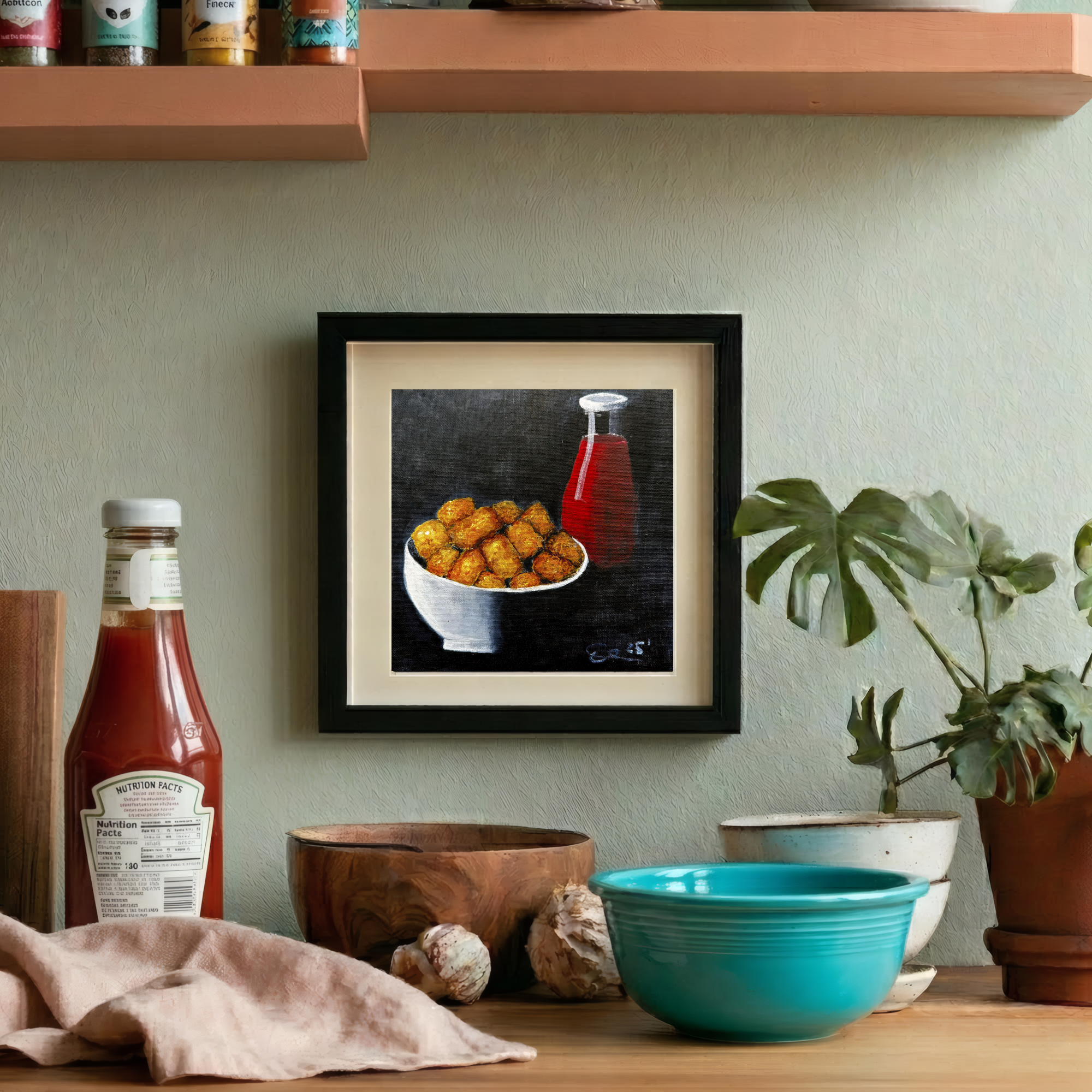 Tater Tots Still Life Painting by Tricia Sauls shown framed in a room mockup for scale and styling reference