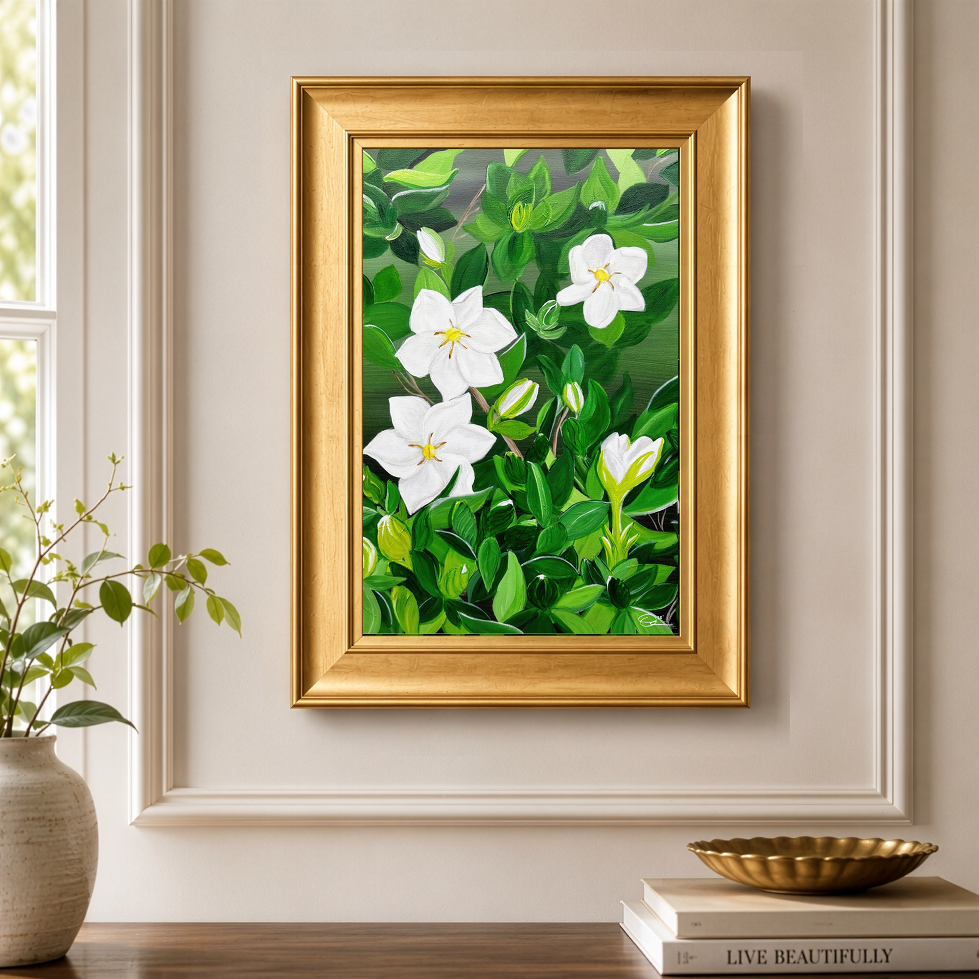 Gardenia Floral by Tricia Sauls shown framed in a room mockup for scale and styling reference