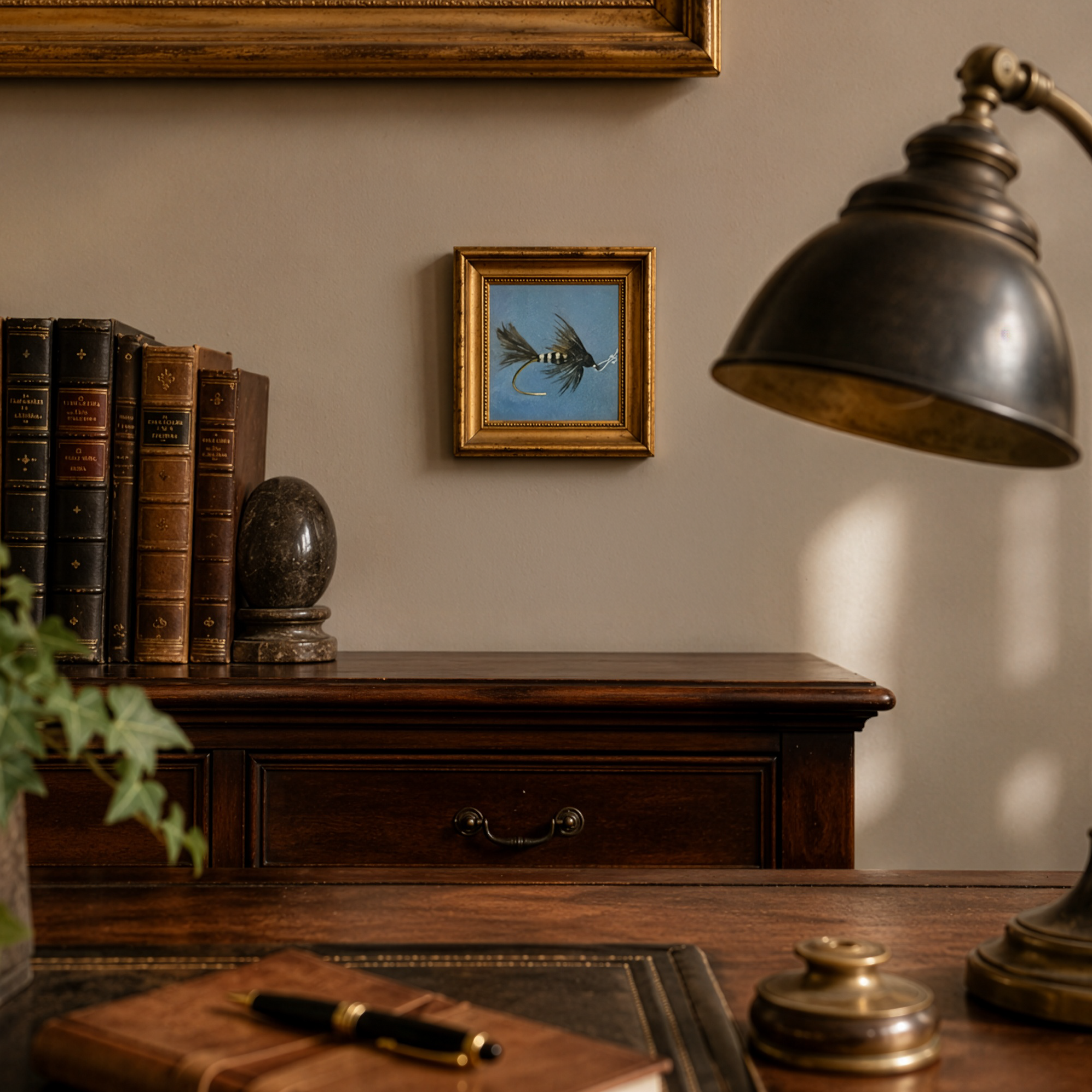 Fly Fishing Lure Mini Still Life Painting by Tricia Sauls shown framed for presentation