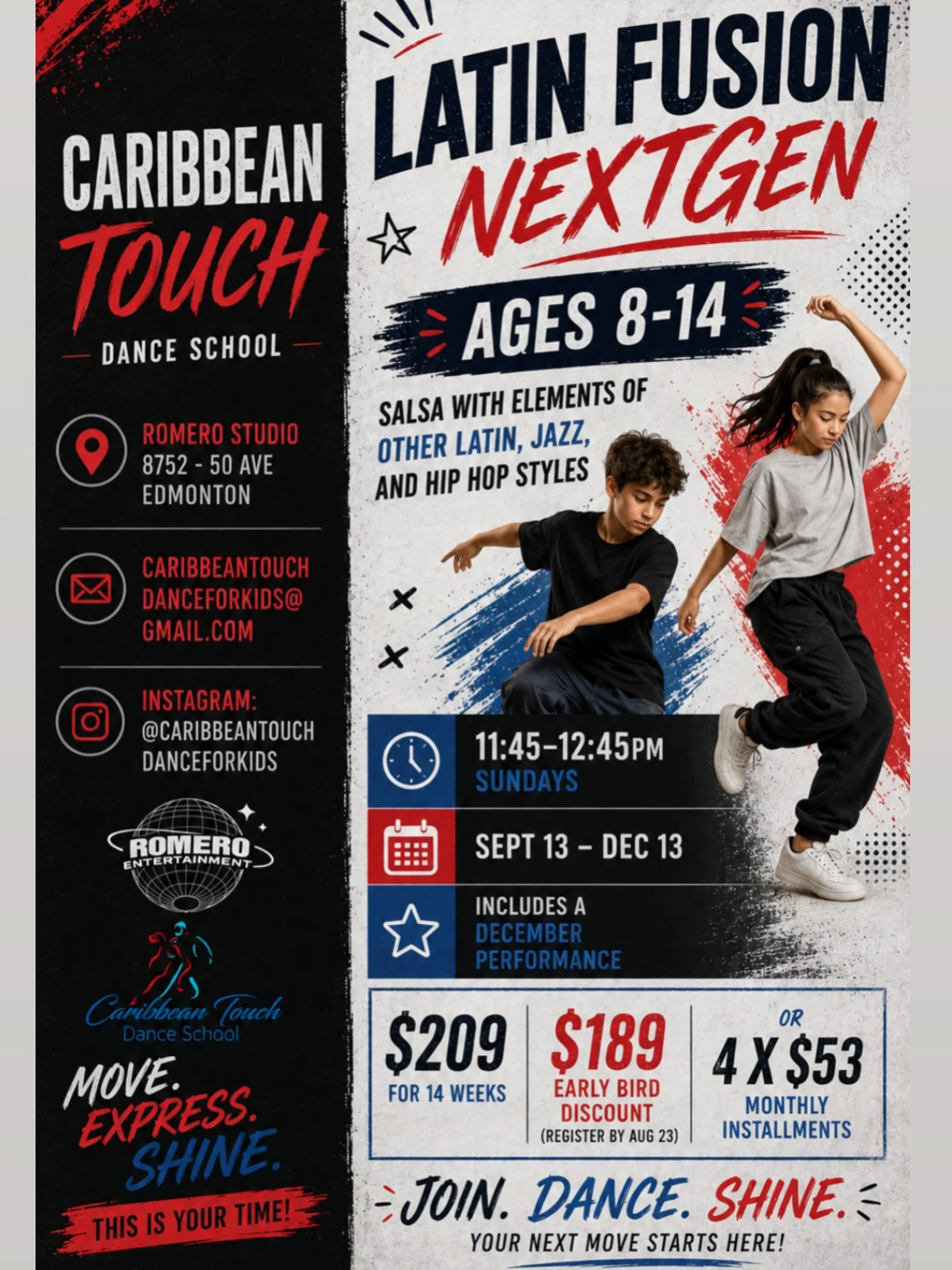 COMING SOON!!! Starting this September, Caribbean Touch Dance is introducing our FALL NEXTGEN DANCE PROGRAM FOR KIDS &amp; TEENS. 🥳🥳💃

Classes will take place on Sundays from 11:45-12:45 PM starting September 13 at Romero Entertainment Studio, and