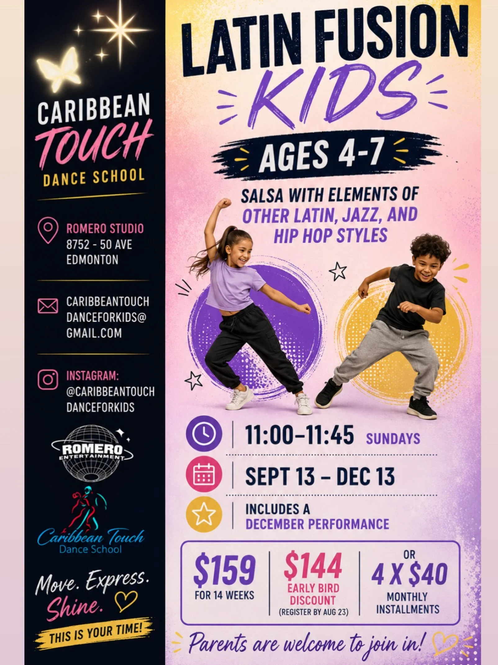 COMING SOON!!! Starting this September, Caribbean Touch Dance is introducing our FALL DANCE PROGRAM FOR KIDS. 🥳🥳💃

Classes will take place on Sundays from 11:00-11:45 AM starting September 13 at Romero Entertainment Studio, and will run until Dece
