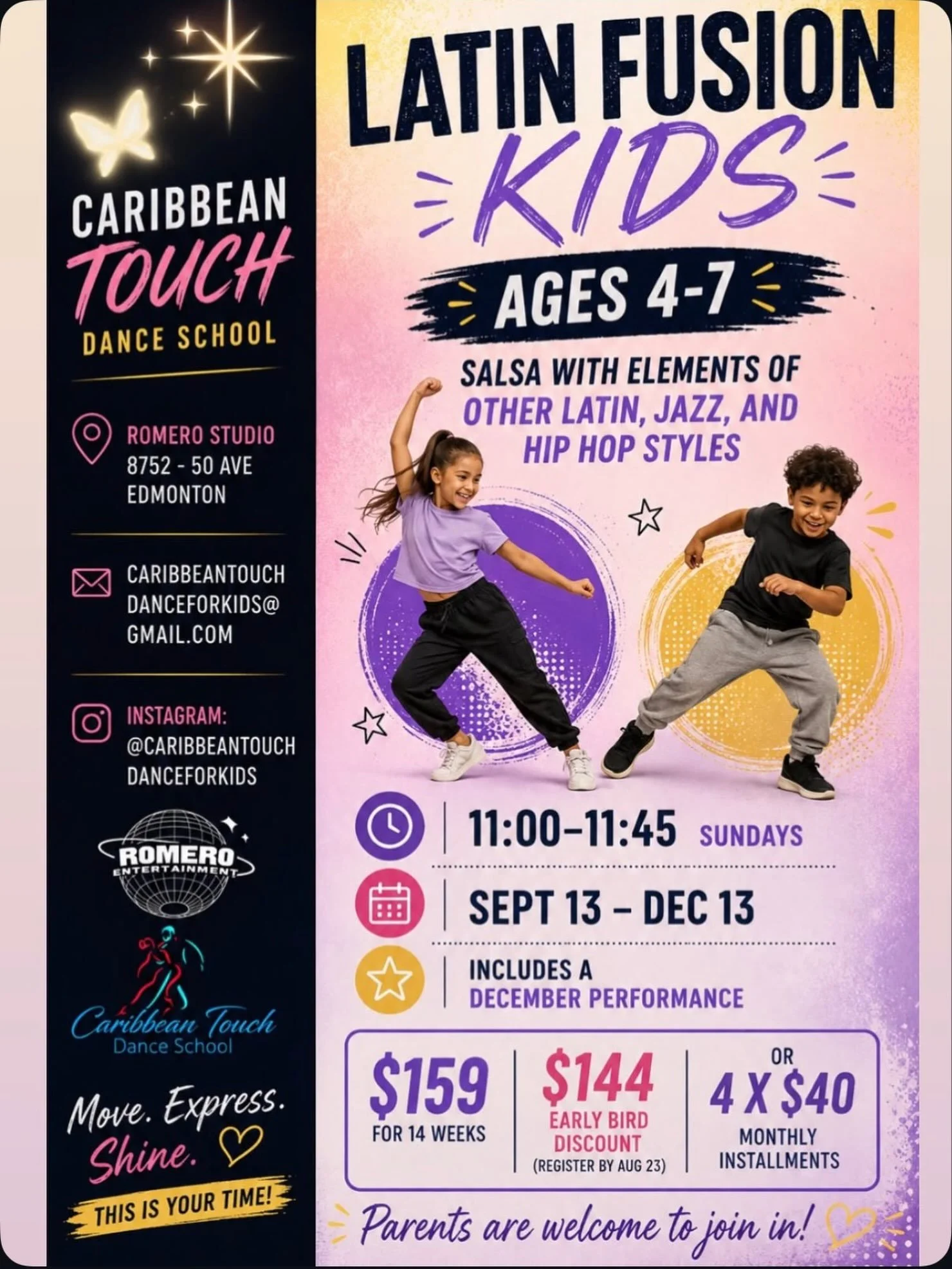 EARLY BIRD SALE ENDS AUGUST 23rd!!! Starting this September, Caribbean Touch Dance is introducing our FALL DANCE PROGRAM FOR KIDS. 🥳🥳💃

Classes will take place on Sundays from 11:00-11:45 AM starting September 13 at Romero Entertainment Studio, an