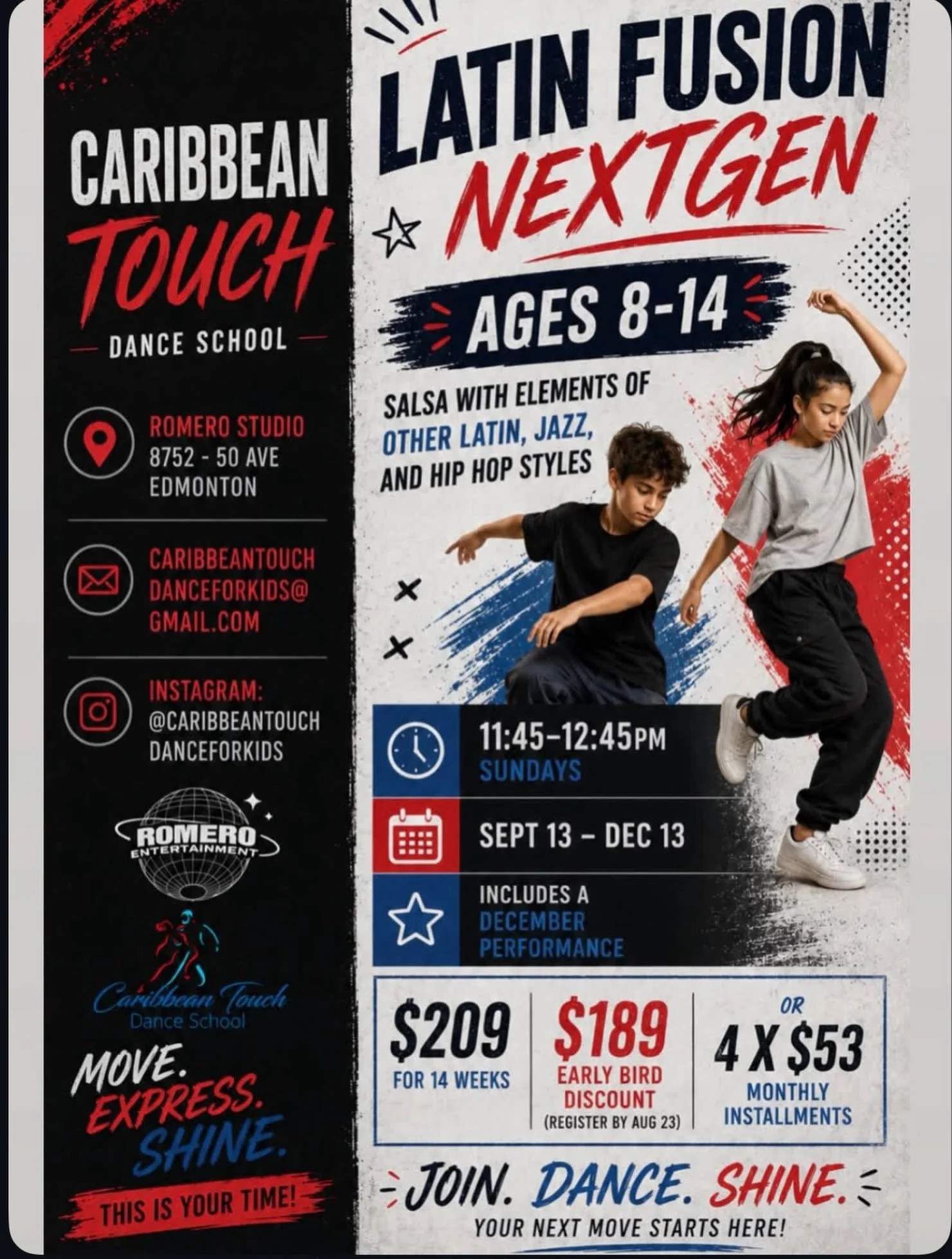 EARLY BIRD SALE ENDS AUGUST 23rd!!! Starting this September, Caribbean Touch Dance is introducing our FALL NEXTGEN DANCE PROGRAM FOR KIDS &amp; TEENS. 🥳🥳💃

Classes will take place on Sundays from 11:45-12:45 PM starting September 13 at Romero Ente