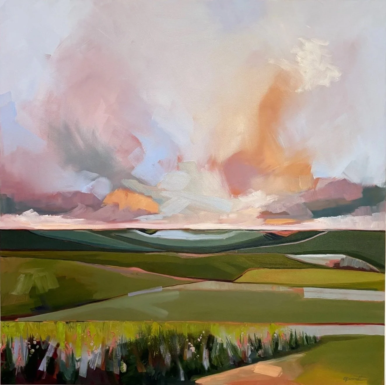 An abstract painting of a landscape with rolling green fields, a cloudy sky with pink and orange hues, and a line of wildflowers at the bottom.