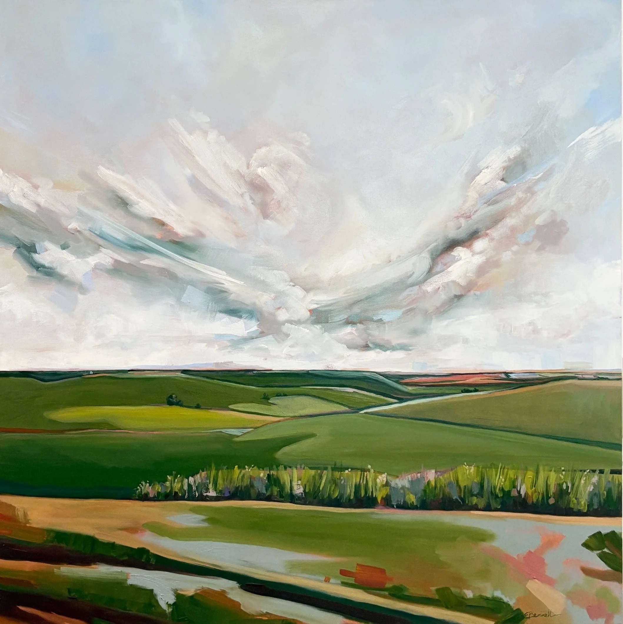 An abstract landscape painting with a broad green field in the foreground, blending into softer shades of green and pastel colors in the middle ground, and a cloudy sky with shades of white, gray, and hints of pink and blue in the background.
