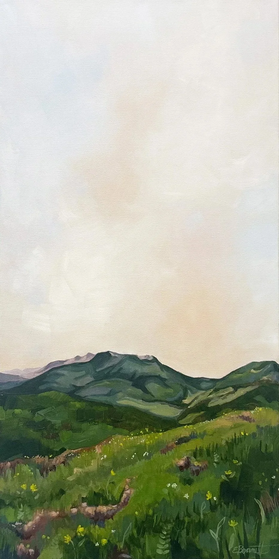 A painting of green rolling hills and mountains under a partly cloudy sky.