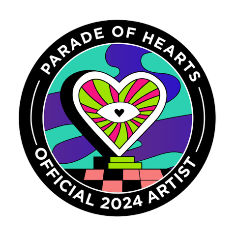 A circular logo with a black outer ring containing the text 'PARADE OF HEARTS OFFICIAL 2024 ARTIST.' Inside, there is a large stylized heart with an eye and a smaller heart within it, set against a colorful abstract background.
