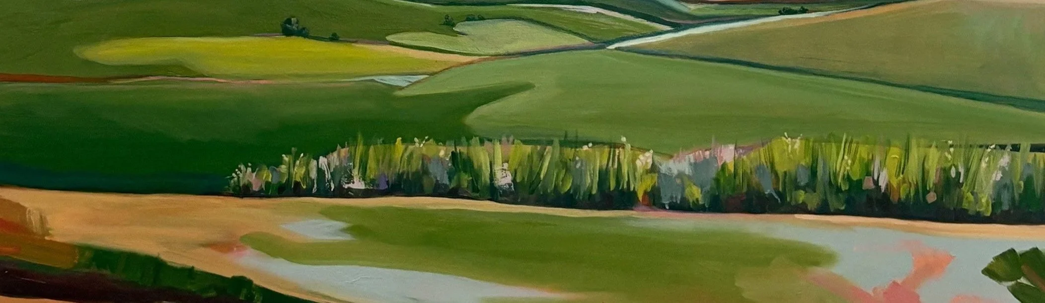 Abstract painting of green and yellow fields with a strip of trees and patches of water.