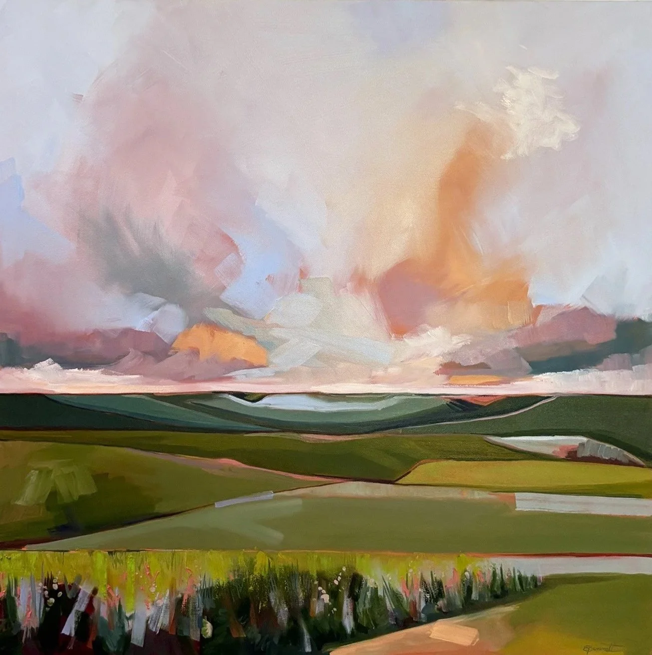 Abstract landscape painting with a cloudy sky, rolling hills, and a field with colorful wildflowers.