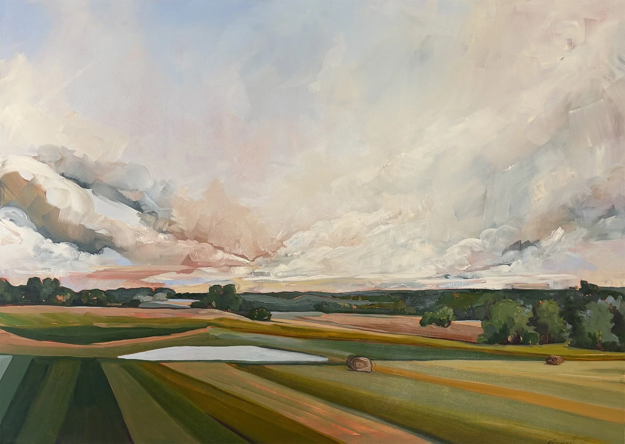 An oil painting of a landscape featuring an expansive sky with clouds, distant trees, and hay bales in a field.