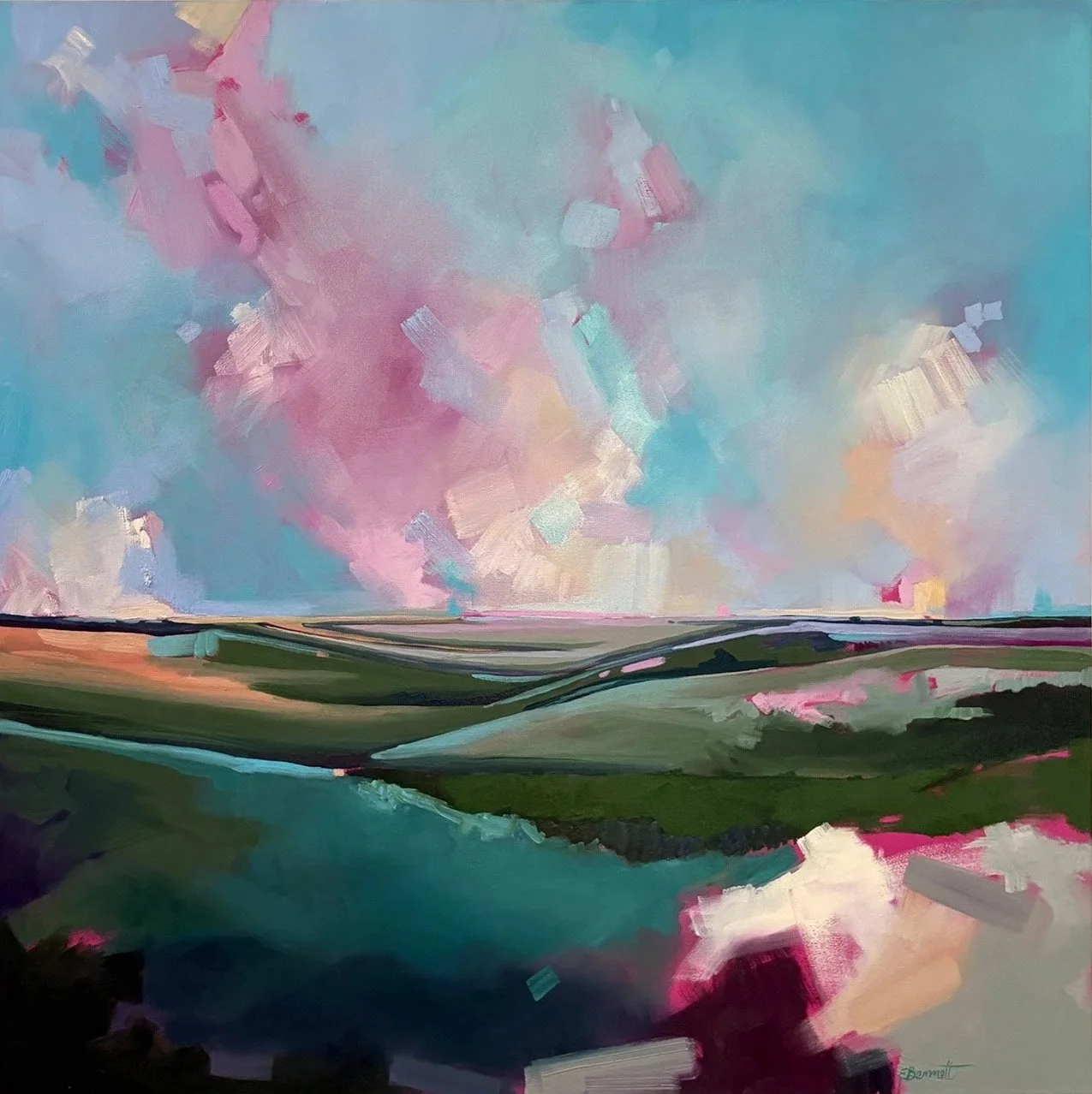 Abstract landscape painting featuring rolling green hills under a pastel sky with pink, blue, and purple clouds.