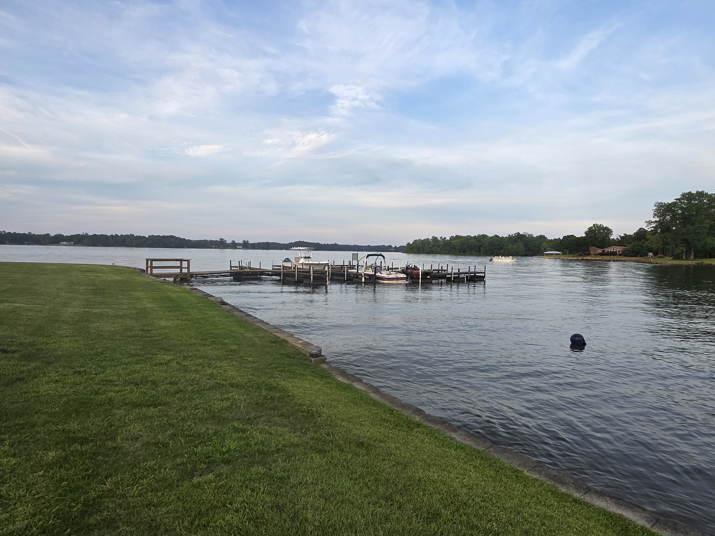 Wide view of Lake Greenwood shoreline and community docks from the waterfront townhouse.