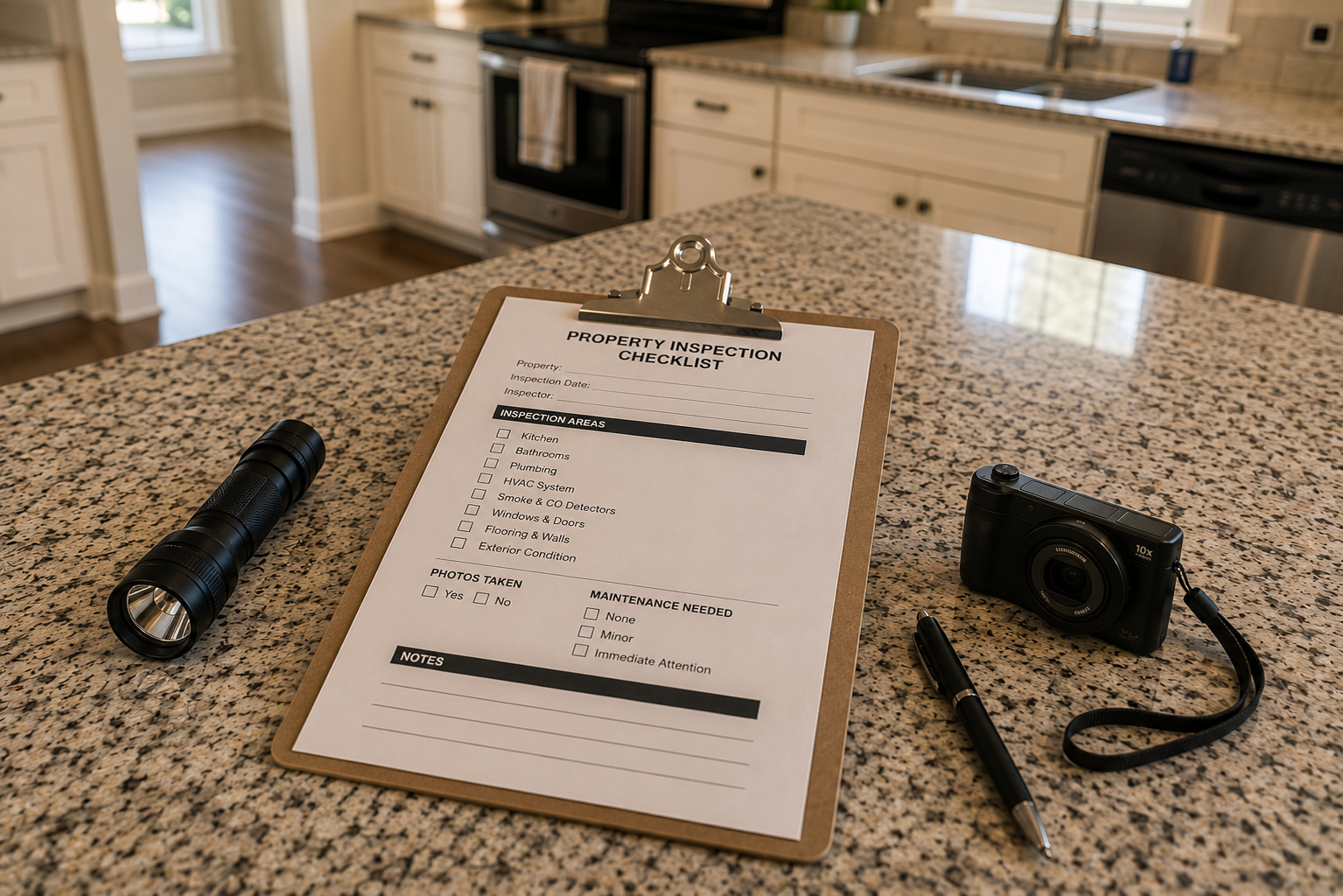 Property inspection checklist on a kitchen countertop with a flashlight and camera illustrating routine rental property inspections and professional property management.