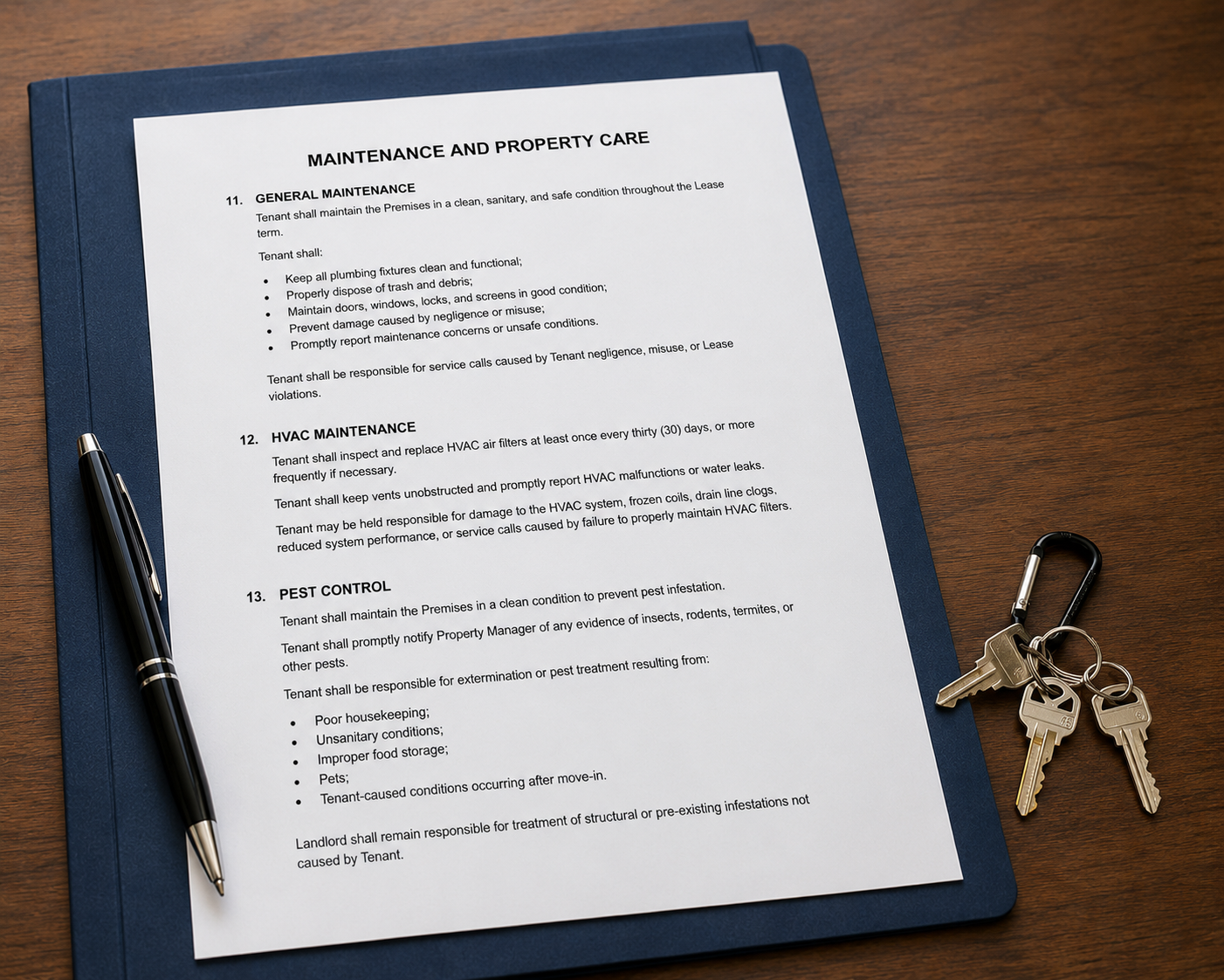 Residential lease agreement with property keys, pen, and folder representing the lease signing and move-in process for rental property owners.