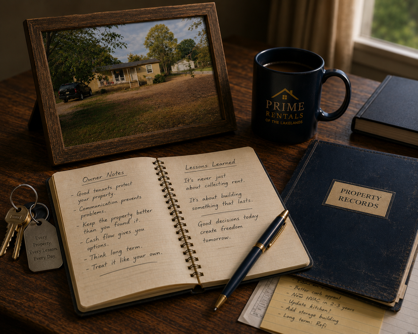 Desk display featuring the first rental property purchased in 2009, ownership notes, property records, and Prime Rentals of the Lakelands branding representing real rental ownership experience.