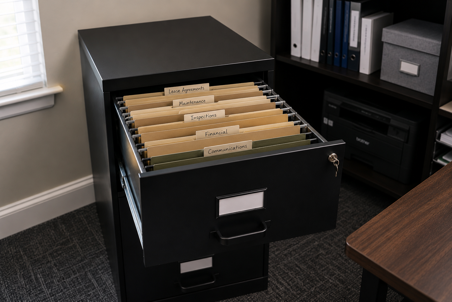 Organized property management filing cabinet with labeled lease, maintenance, inspection, financial, and communication records for efficient rental property management.