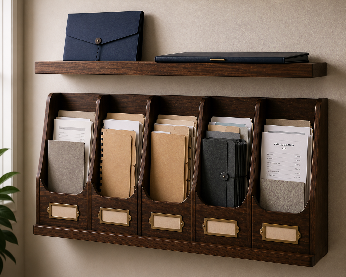 Wall-mounted financial record organization system with professionally organized rental property documents and folders illustrating accurate financial recordkeeping for property owners.