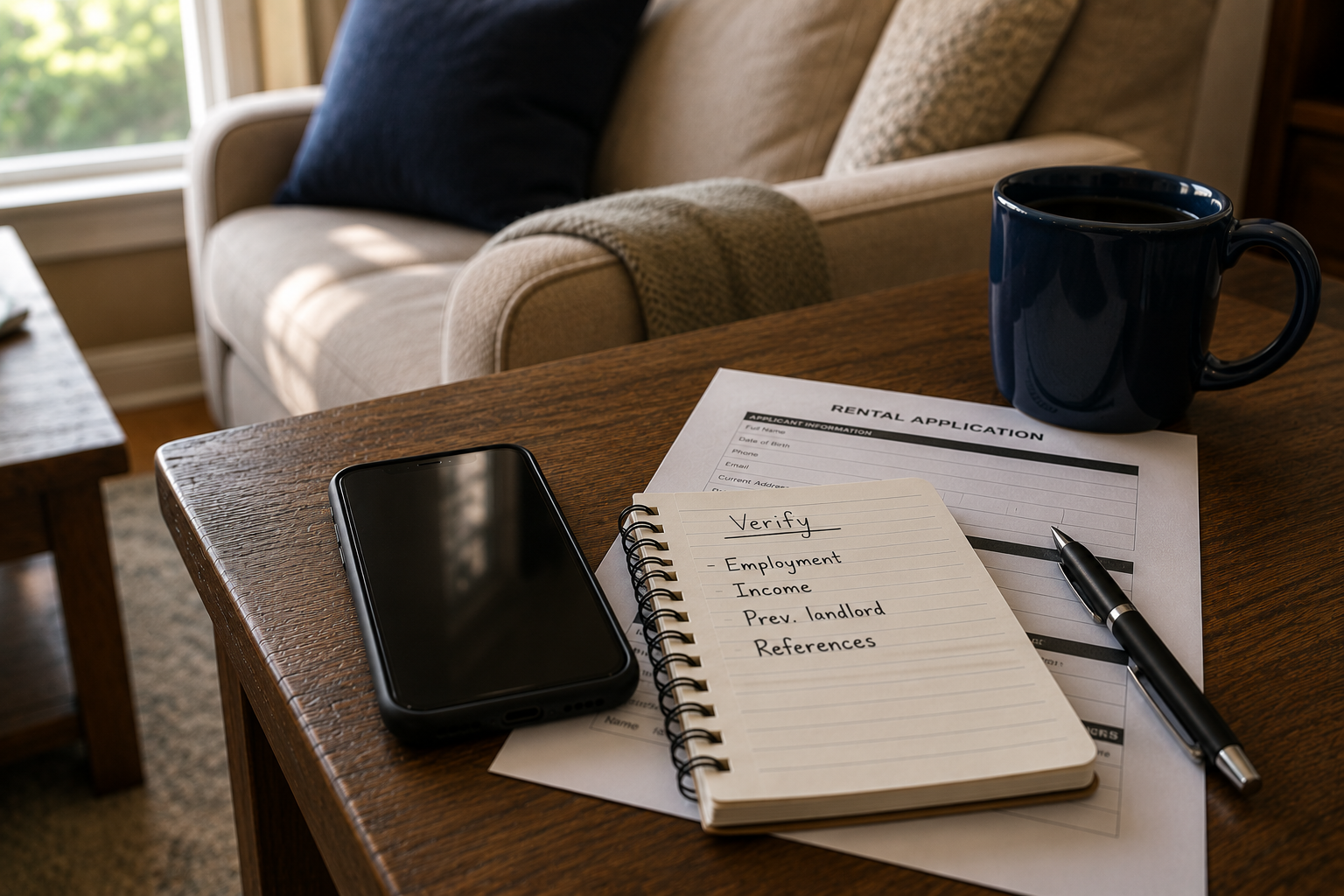 Property owner verifying tenant information with a rental application, handwritten verification notes, and a phone before approving a rental applicant.
