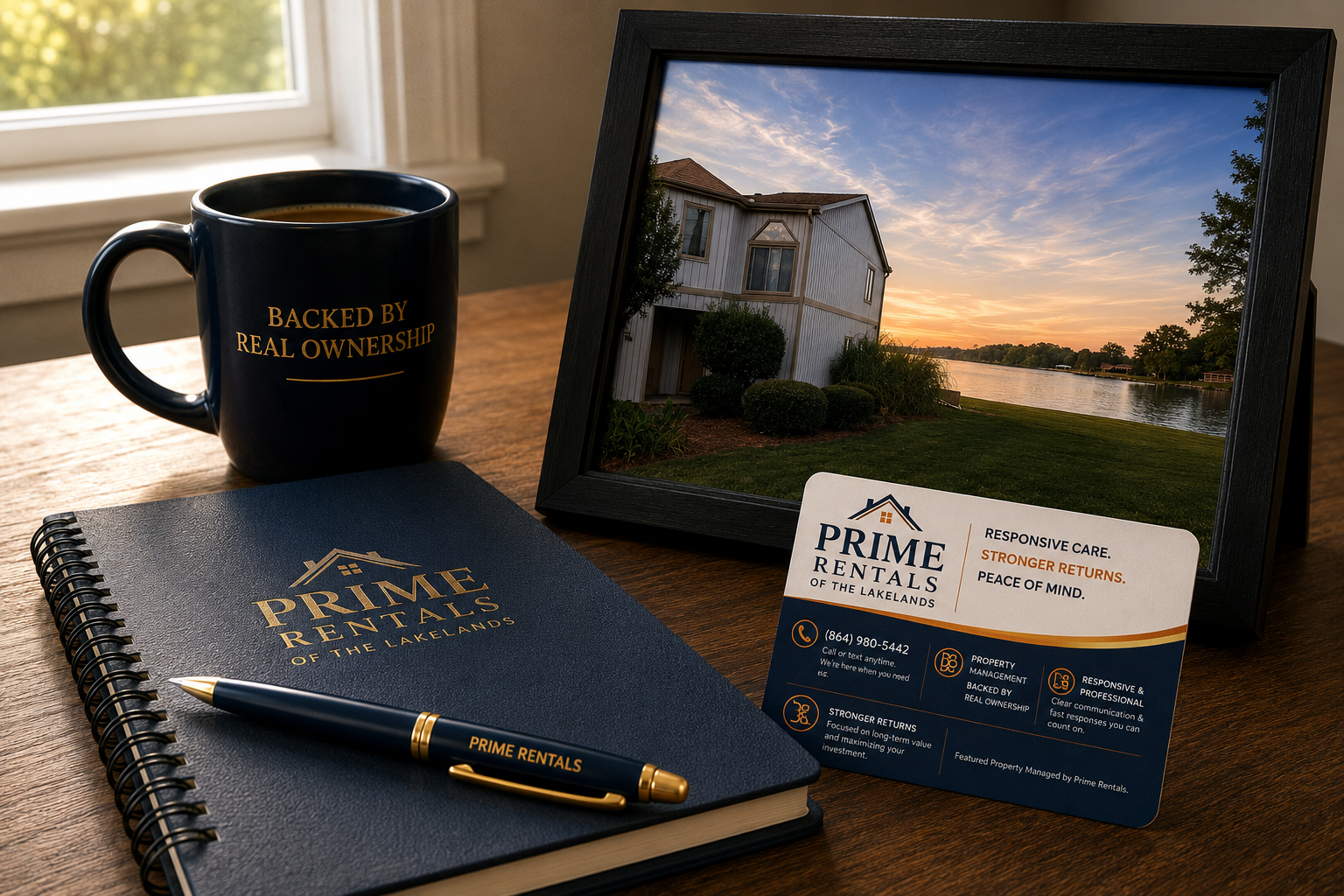 Property management workspace featuring Prime Rentals notebook, business card, branded mug, and framed rental property, representing real ownership experience and practical guidance for South Carolina rental property owners.