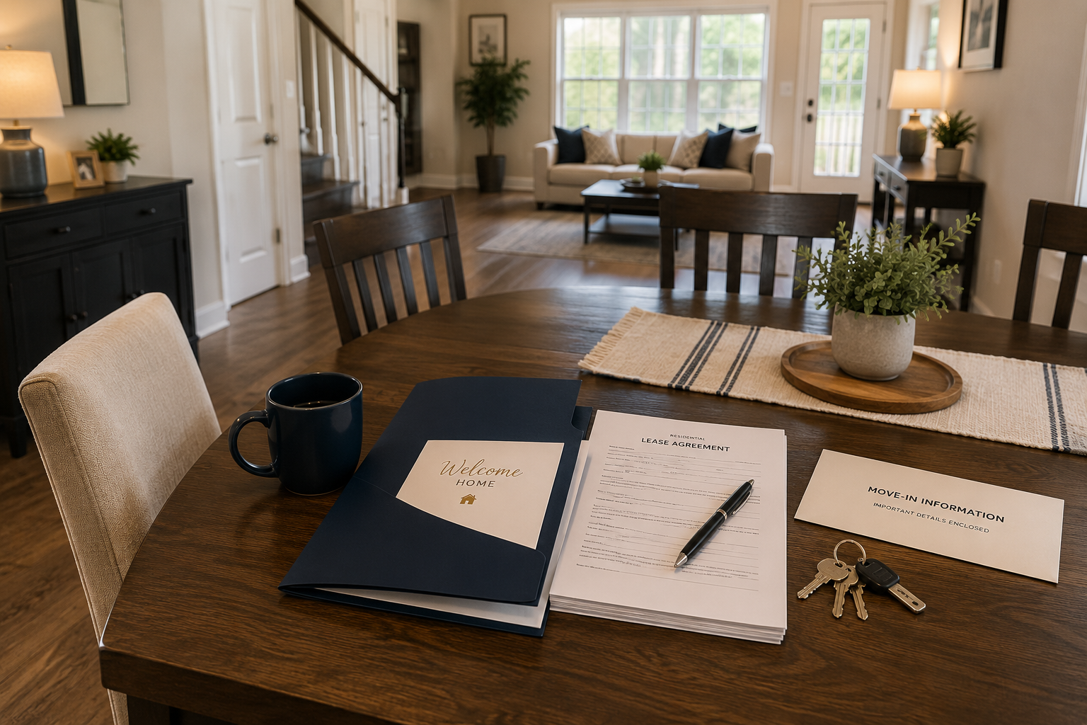 Dining table with a move-in packet, keys, lease documents, and welcome materials prepared for a new tenant in a clean rental home.