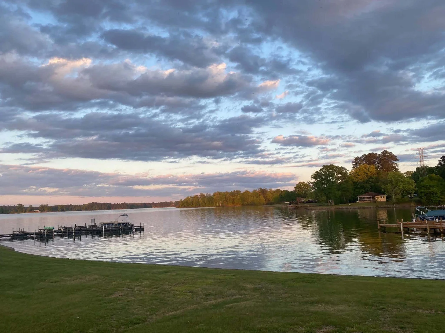 Peaceful evening view across Lake Greenwood from Pier 96