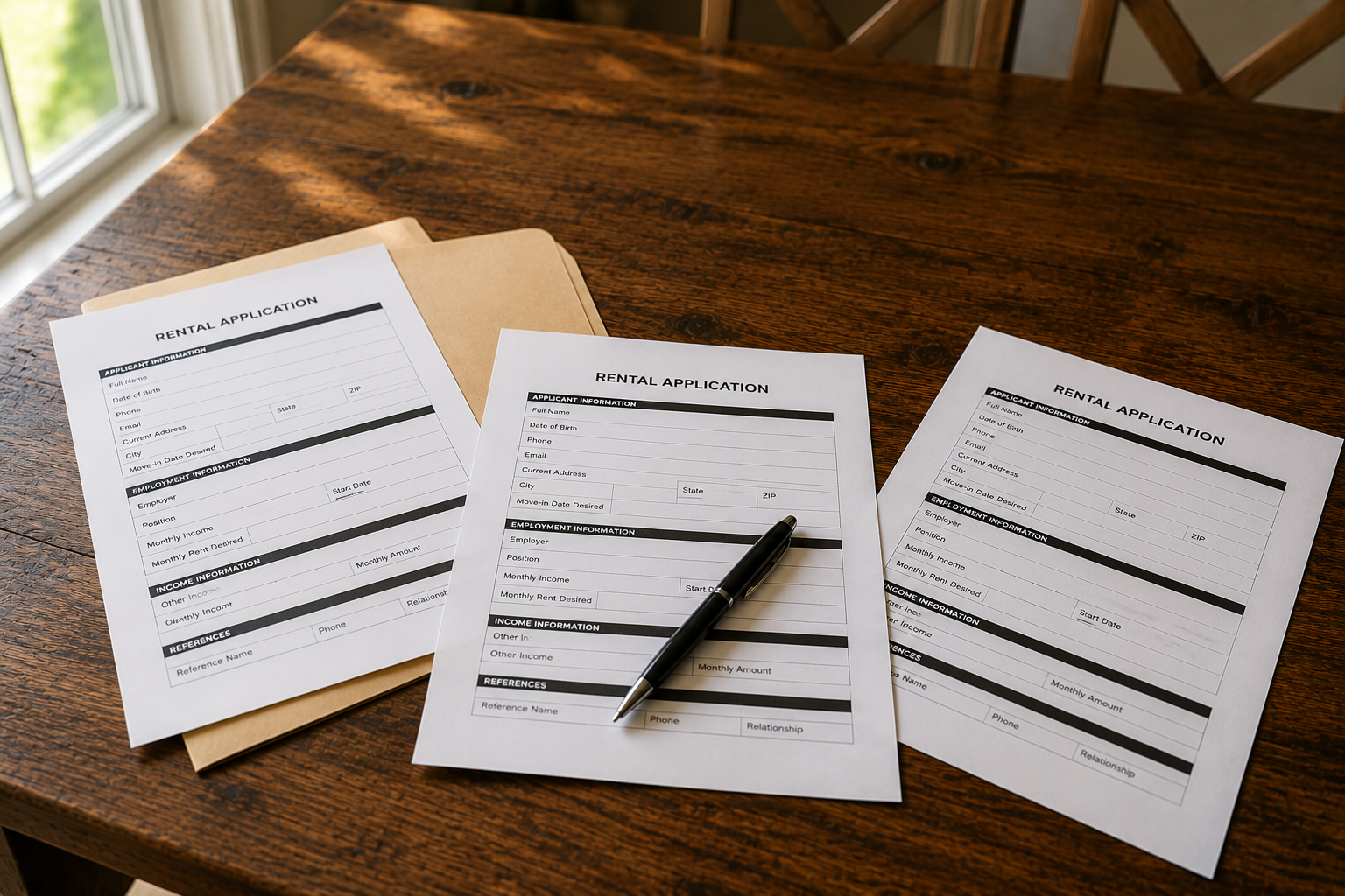 Three rental applications spread across a table as a property owner compares prospective tenants using consistent screening standards.