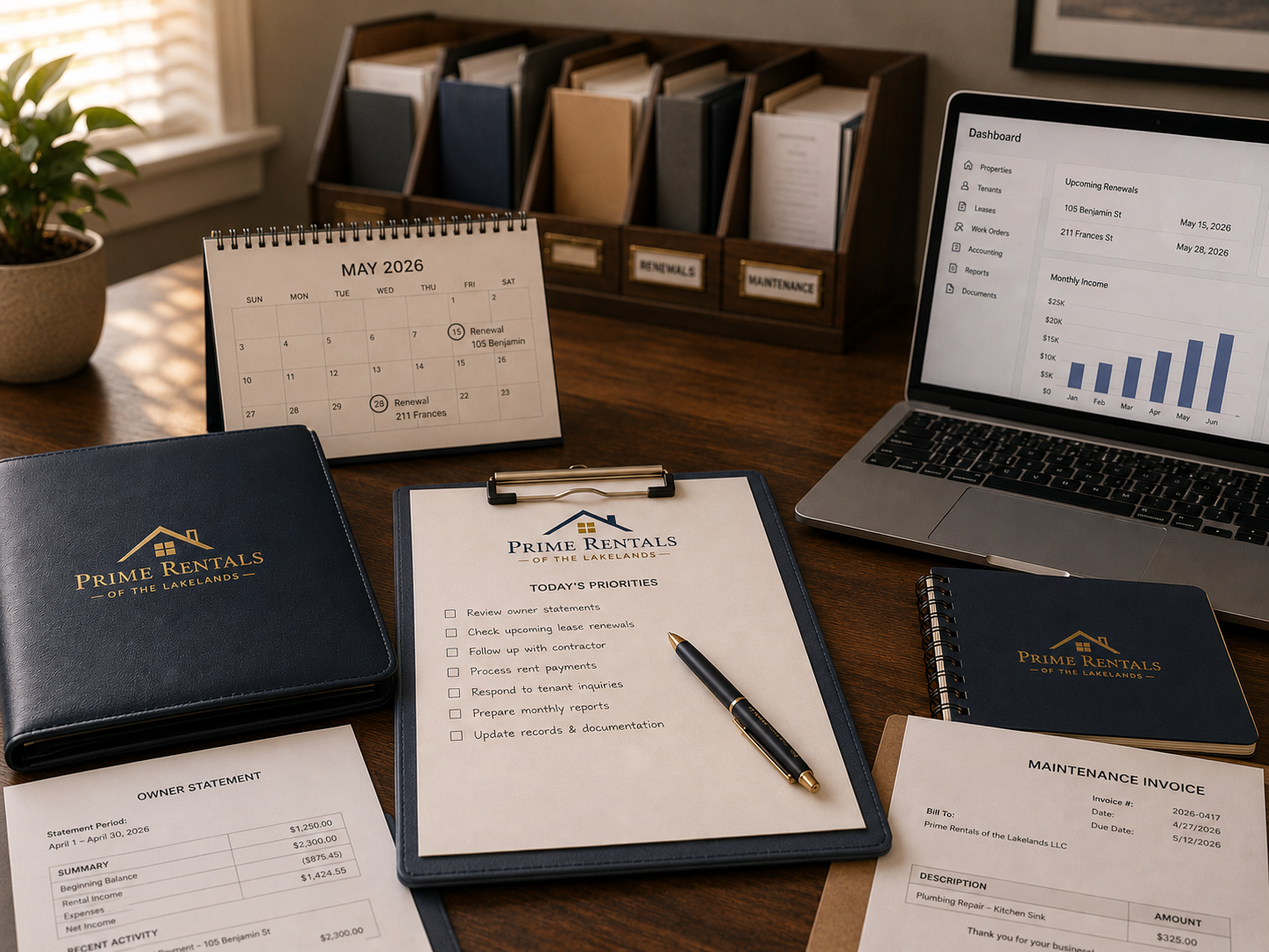 Property management office with lease documents, financial records, owner statements, and rental business organization in Greenwood, South Carolina.