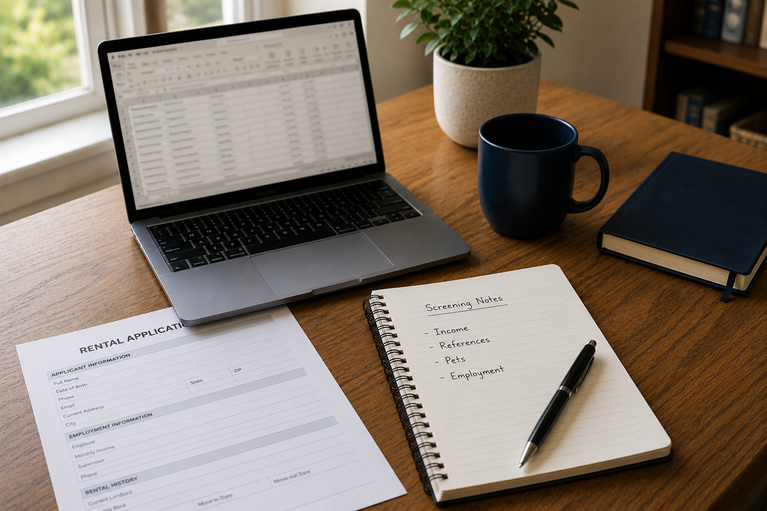 Property owner creating tenant screening standards before advertising a rental property, using a rental application and planning notes.