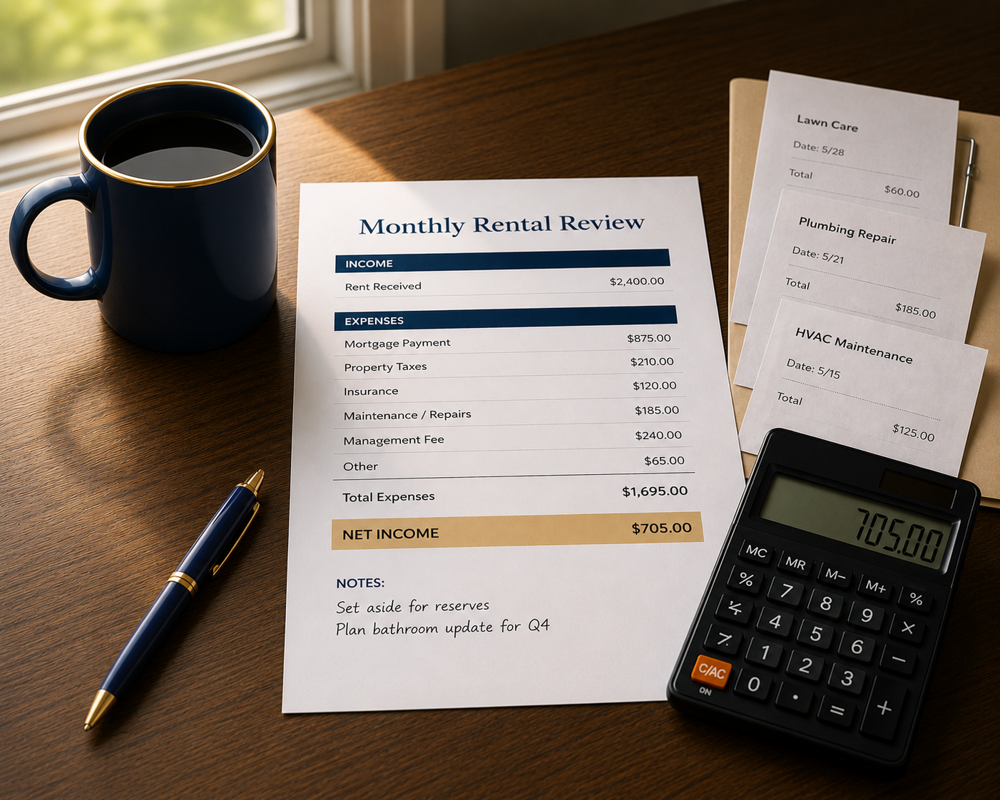 Monthly rental financial review showing rental income, expenses, receipts, and financial planning tools used to manage a long-term rental property investment.