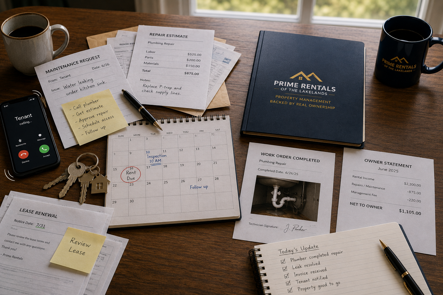 Property management workflow showing maintenance requests, repair coordination, owner communication, scheduling, and rental property administration.