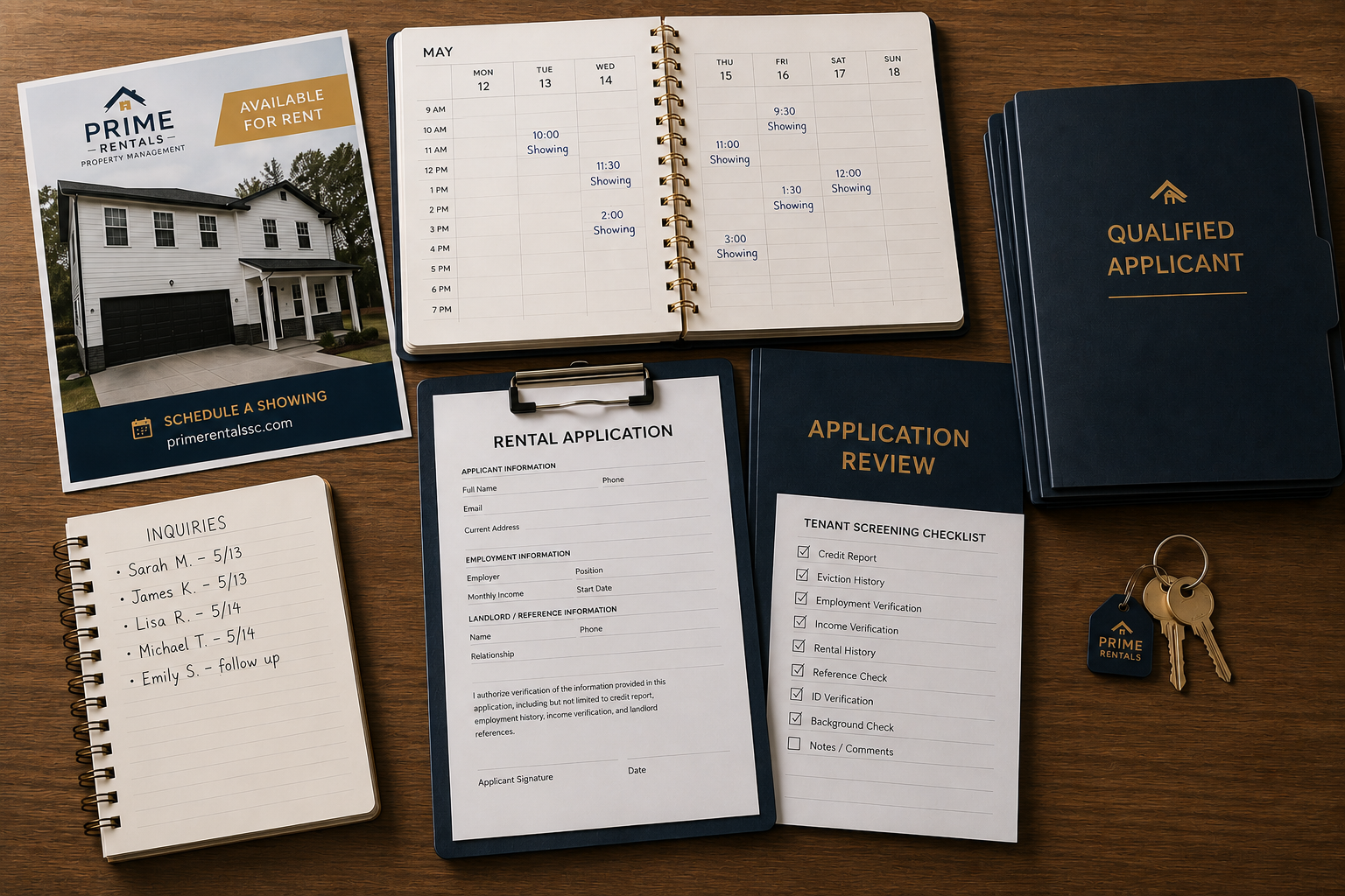 Prime Rentals leasing workflow showing rental marketing, applicant screening, showing schedules, and tenant selection as part of professional property management in Greenwood, SC.