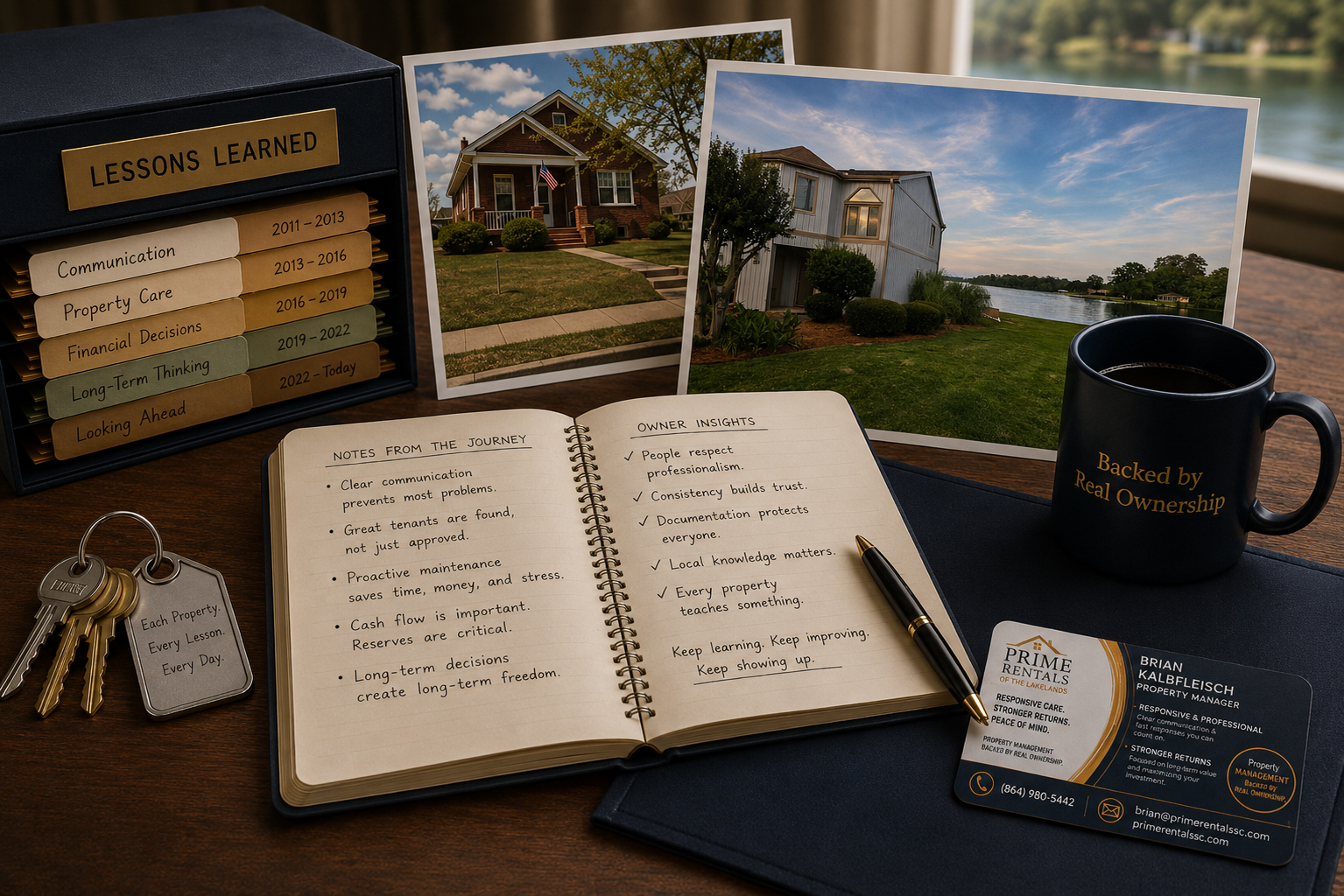 Owner Insights workspace featuring years of property management experience, real rental property photographs, lessons learned, and Prime Rentals branding backed by real ownership.