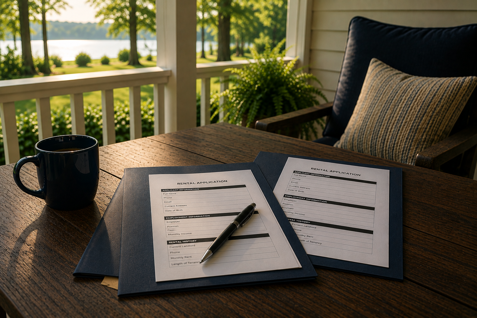 Property owner comparing two qualified rental applications on a porch table before selecting the best tenant for a rental property.