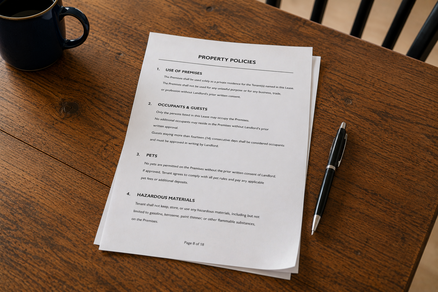 Rental lease outlining property policies and lease addenda, including occupancy, guest, pet, and property use requirements for residential rental properties.