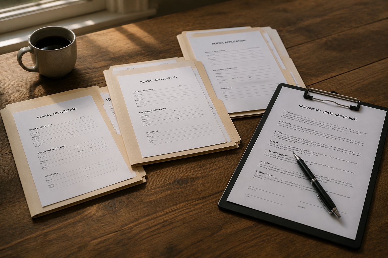 Rental application and lease documents illustrating the tenant screening and leasing process.