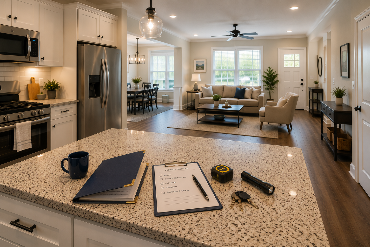 Kitchen workspace prepared for a rental property walkthrough with a checklist, keys, and planning materials before advertising the home.