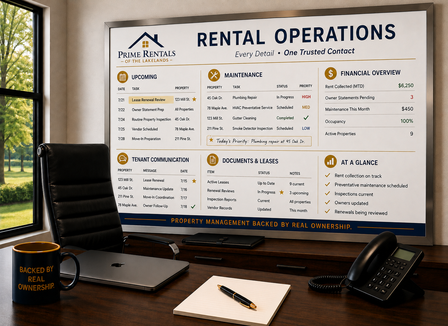 Property manager coordinating rental operations from a professional office, serving as a single point of contact for maintenance, tenants, inspections, leases, and owner communication.