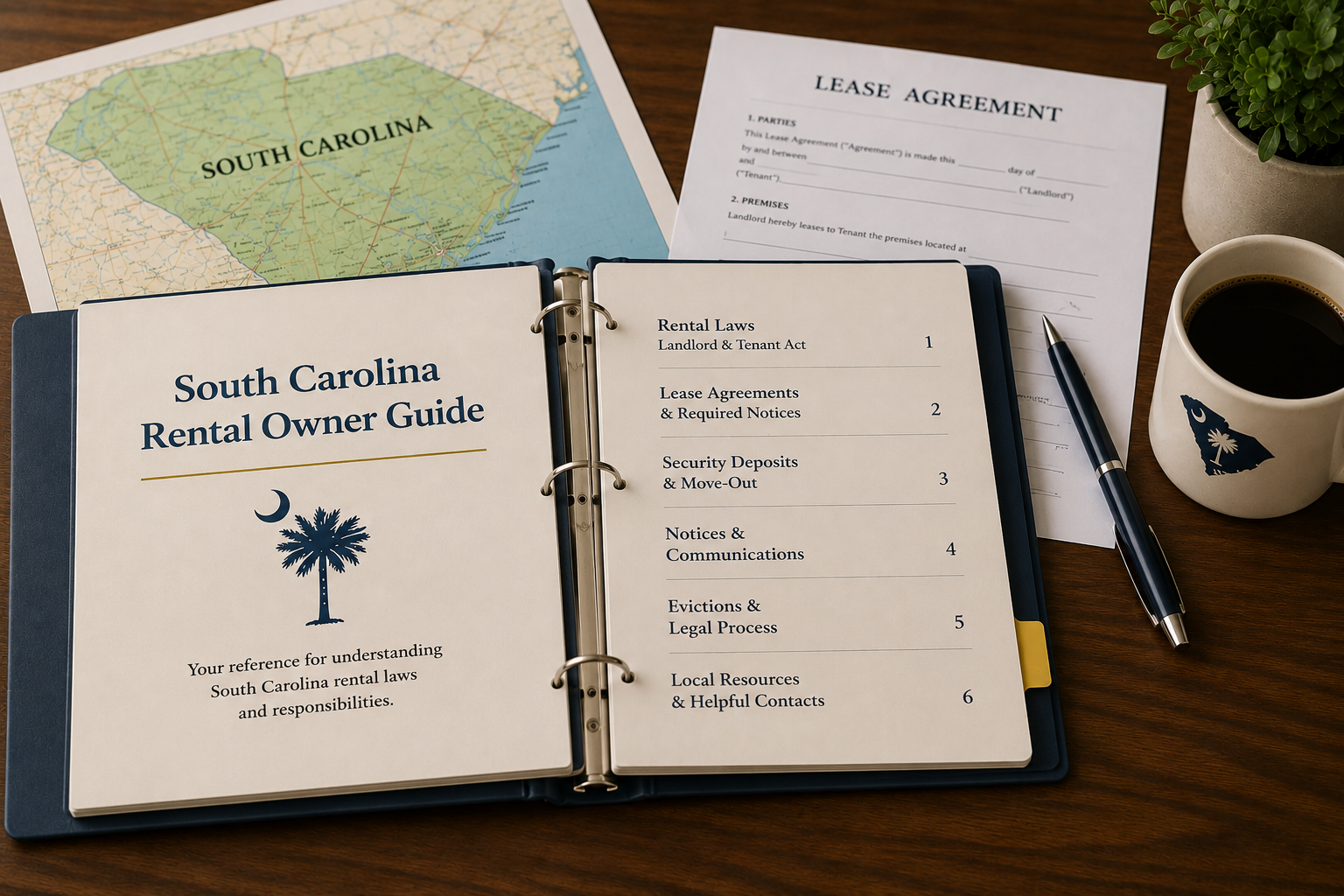Open South Carolina Rental Owner Guide with lease agreement, state map, and reference materials for South Carolina rental property owners.