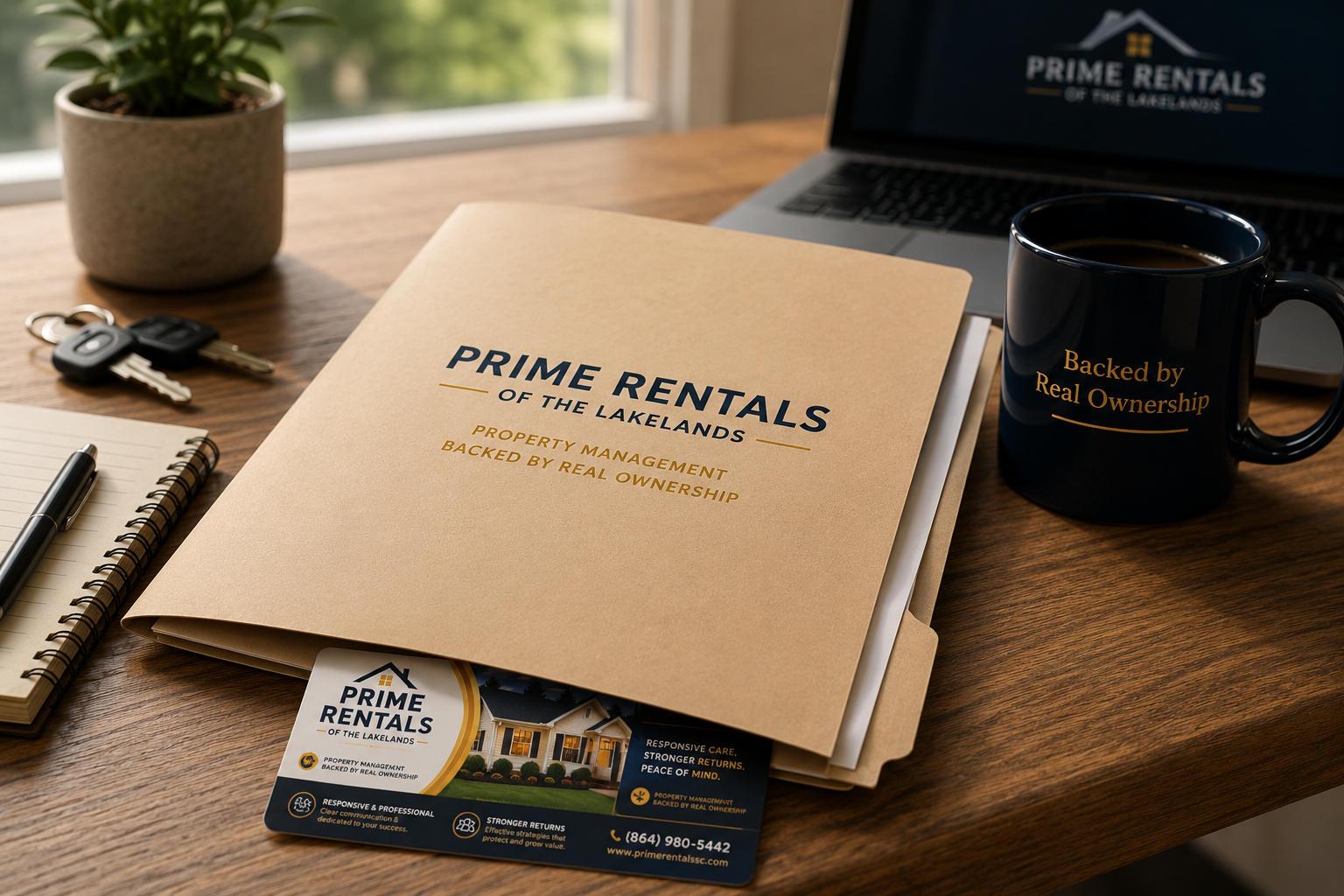 A desk with a brochure titled 'Prime Rentals of the Lakelands', a business card, a notebook with a pen, a set of keys, a potted plant, a black coffee mug with gold lettering, and a laptop showing 'Prime Rentals' logo.