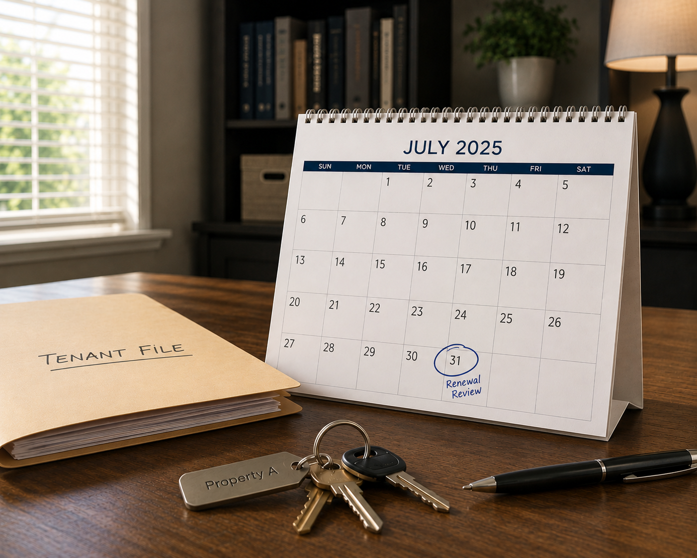 Desk calendar, tenant file, and property keys illustrating proactive lease renewal and tenant turnover planning for professional rental property management.