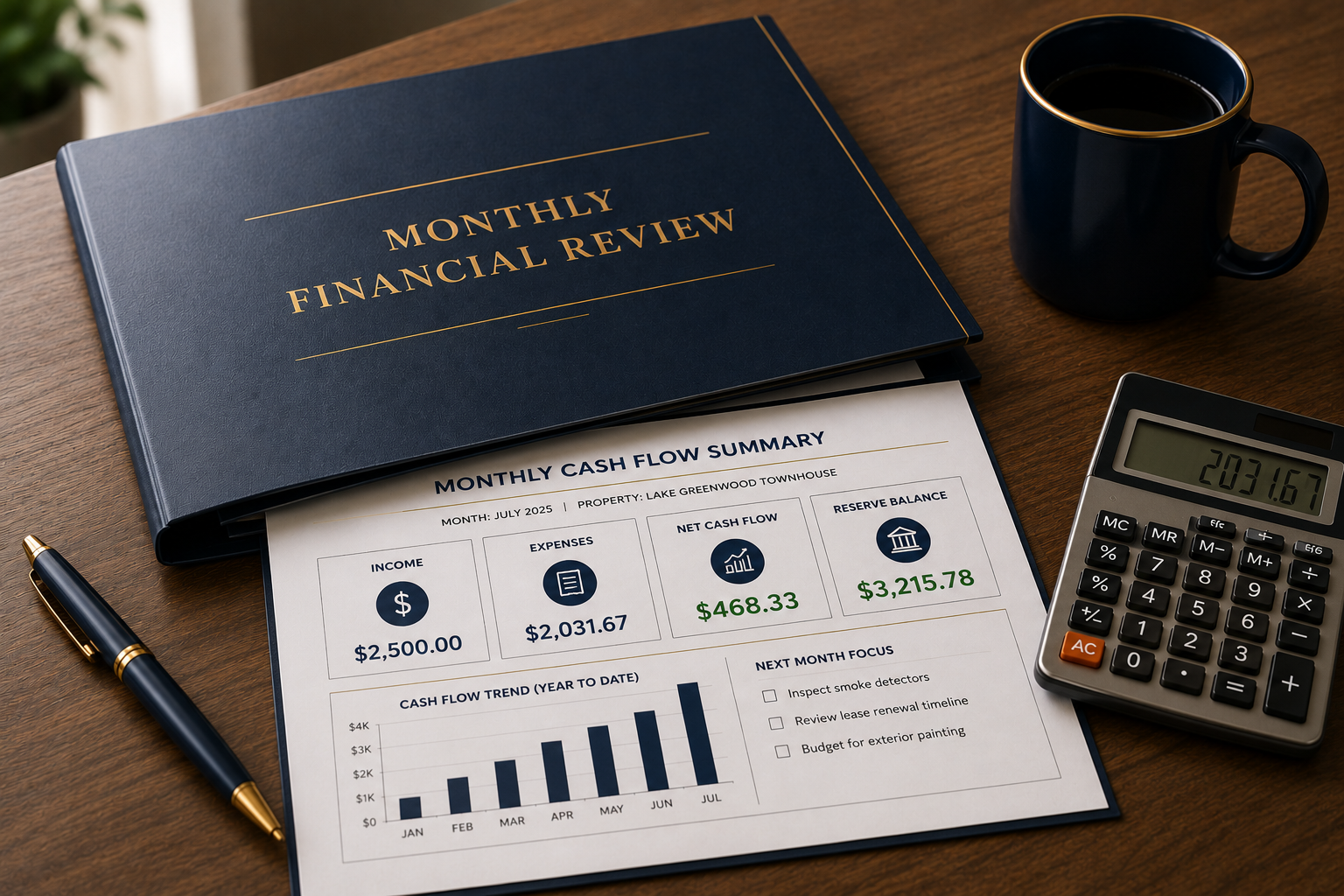 Monthly Financial Review folder with rental property cash flow summary, calculator, executive pen, and coffee mug representing rental property financial management and cash flow planning.