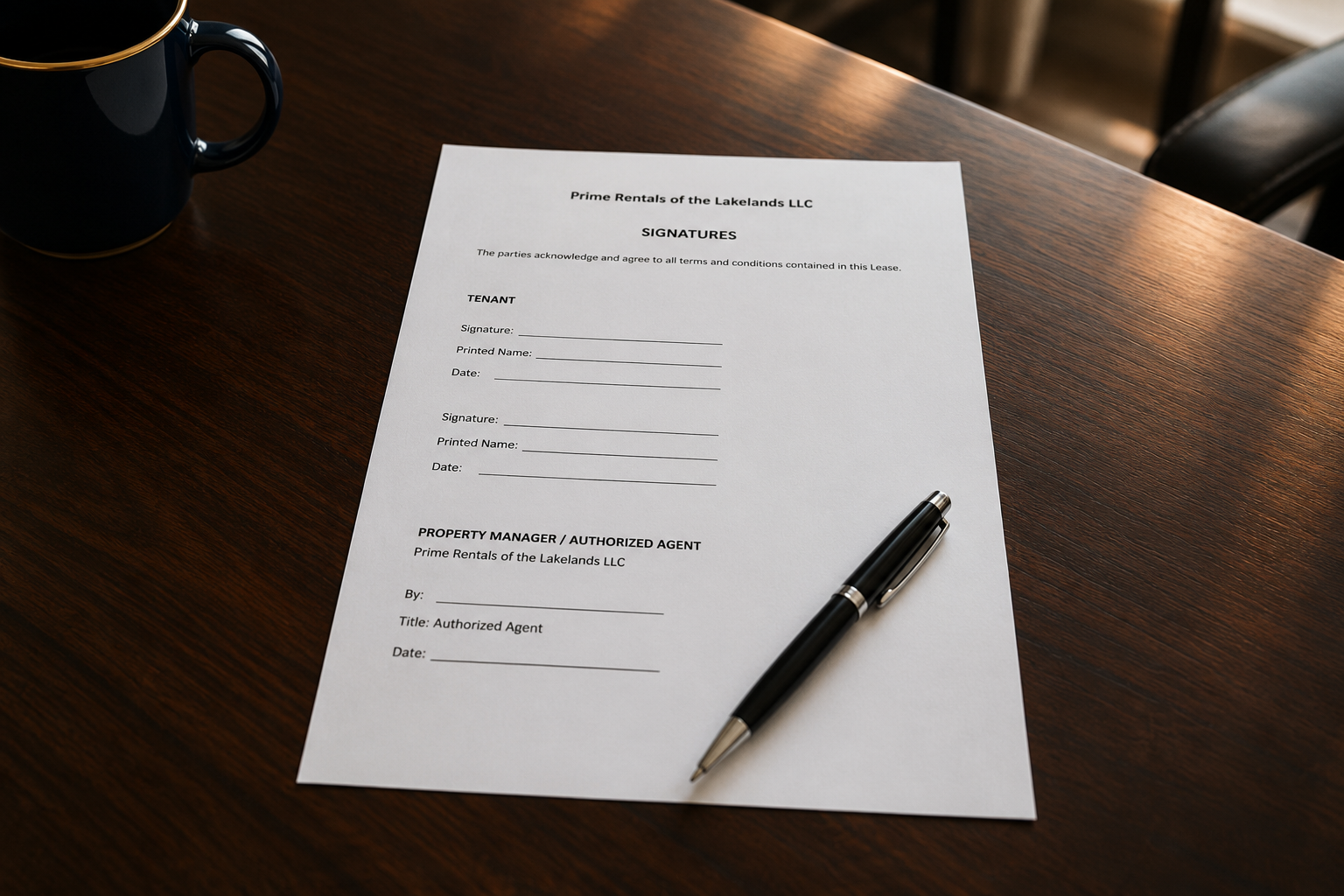 Residential rental lease signature page prepared for signing by a property manager, illustrating the final lease execution process before tenant move-in.