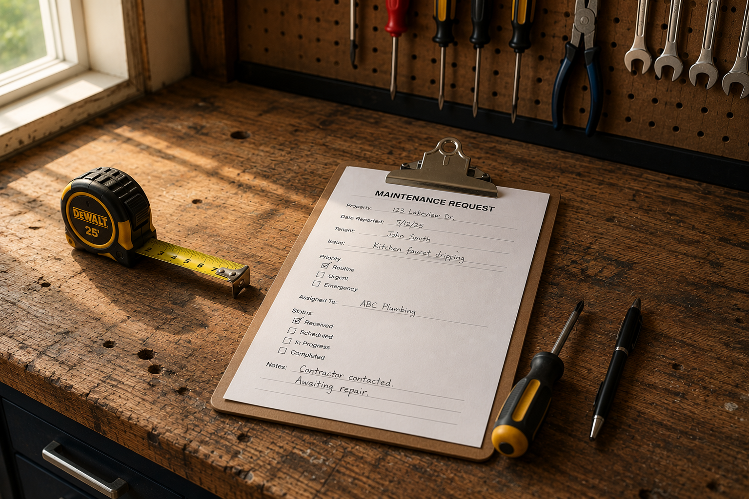 Maintenance request form on a workshop workbench with property maintenance tools illustrating organized rental property maintenance and professional property management.